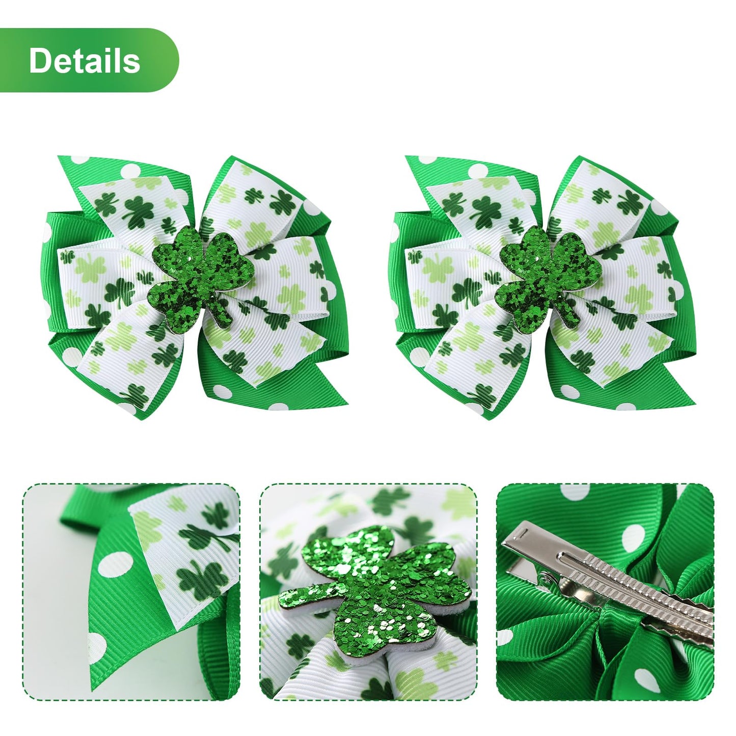 2 Pack St Patricks Day Hair Bows Green Glitter Clover Alligator Clips Girls Women Shamrock Irish Party Accessories