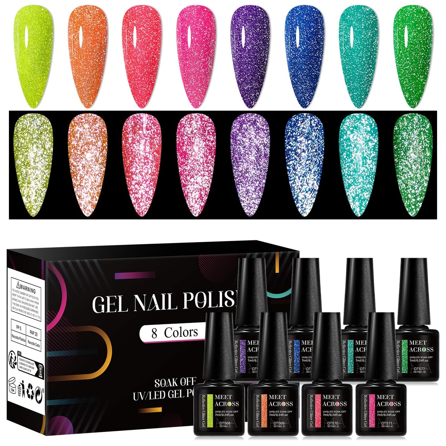 MEET ACROSS 8Pcs Neon Glitter Gel Nail Polish Set, Fluorescent Gel Polish Pink/Lavender/Orange/Green Fluorescent Shades Nail Polish for Daily & Holiday DIY Salon