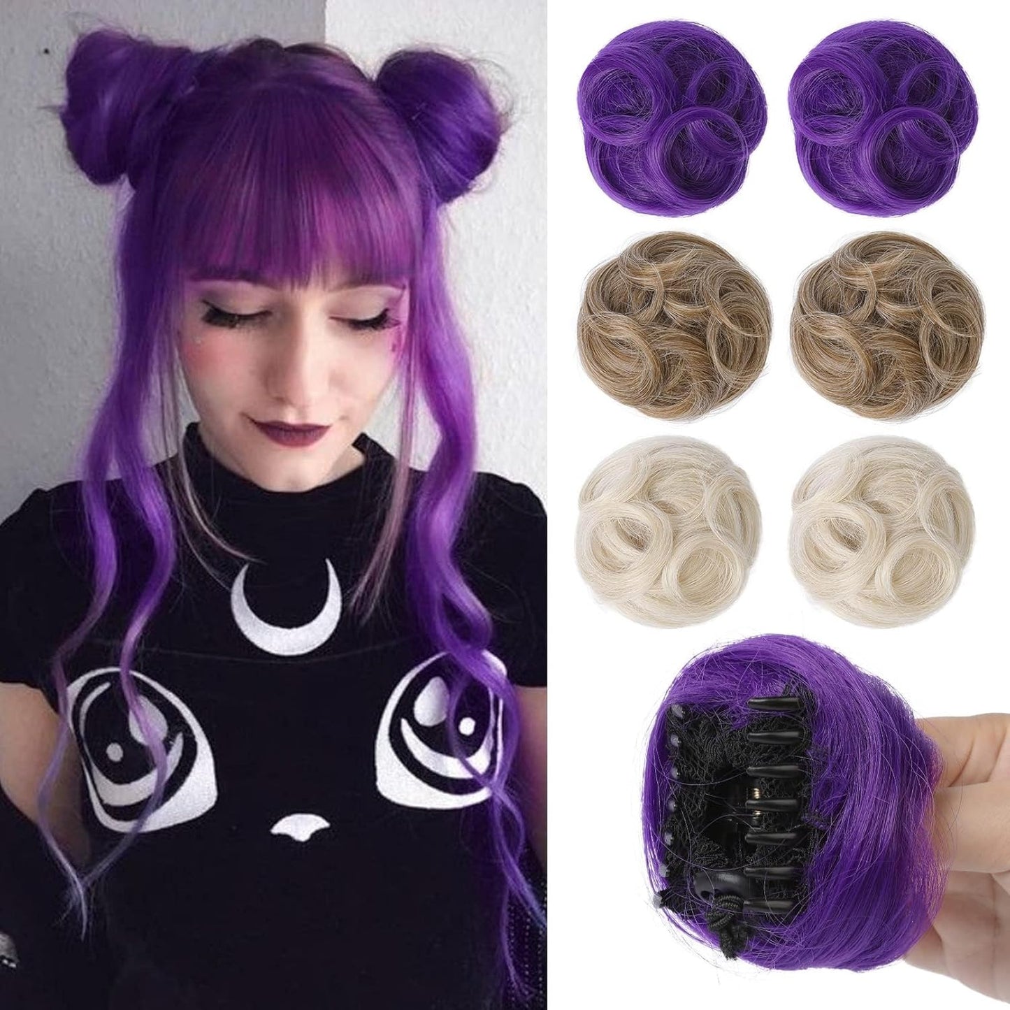 REECHO Mini Claw Clips - Messy & Cat Ears Hair Bun Extensions | 2-Pack, 3.5" Wavy, Natural Black