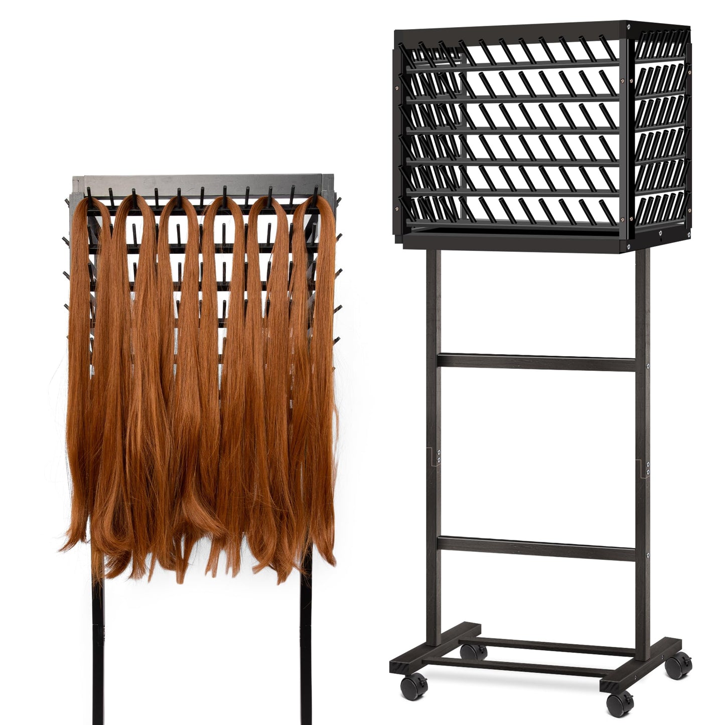 GENMOUS Black Braiding Hair Rack - 150 Pegs, Tri-Sided Braid Rack with 4 Wheels and Large Storage Shelf, for Braiders Standing Home,Hair Separator Stand for Hairstylists