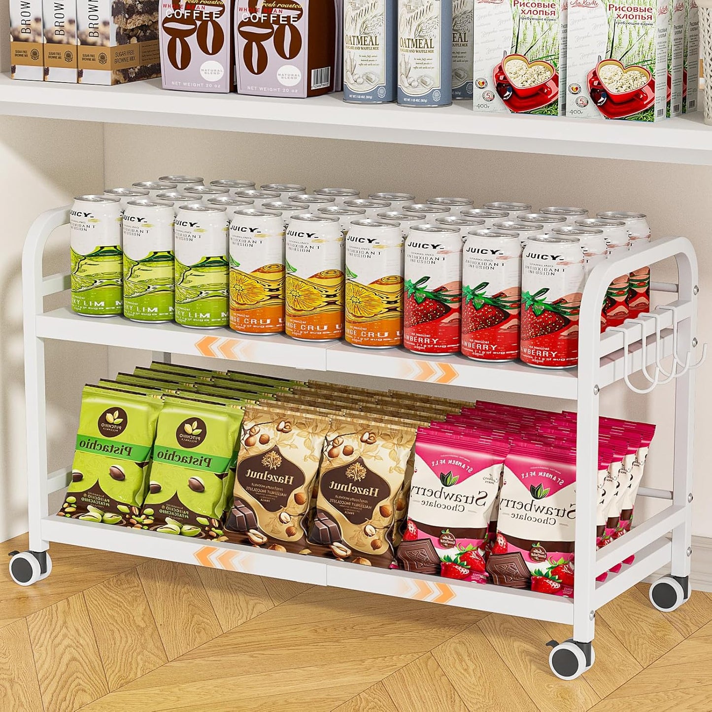Expandable Rolling Cart - 2-Tier Metal Pantry Storage Organizer with Wheels | Adjustable Under Desk Cart for Kitchen