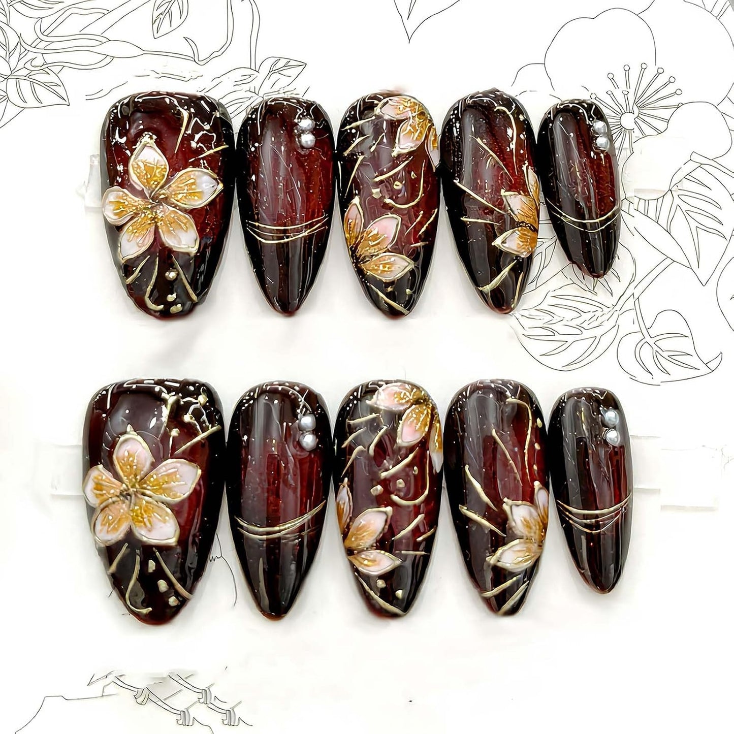 Press-On Nails - 24Pcs Medium Almond Beach Flower Design | Full Cover Acrylic with Shell & Starfish Rhinestones