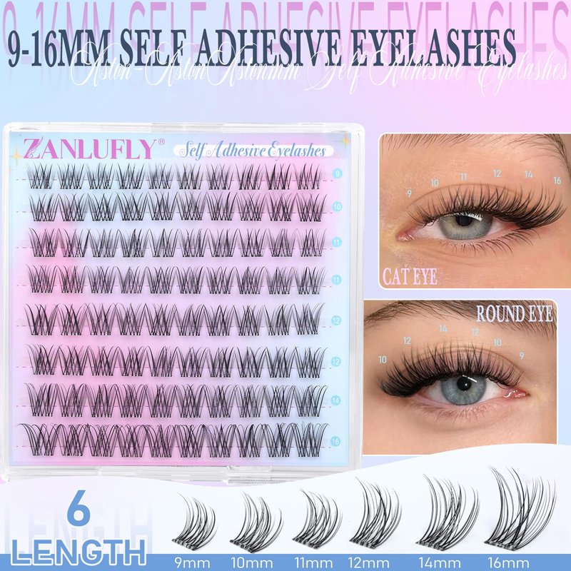 Self Adhesive Eyelashes Natural Self Adhesive Lash Clusters Wispy Pre glued Eyelash Clusters 9-16mm Thin Band No Glue Lashes DIY Press on Cluster Lashes for clean girl makeup by zanlufly