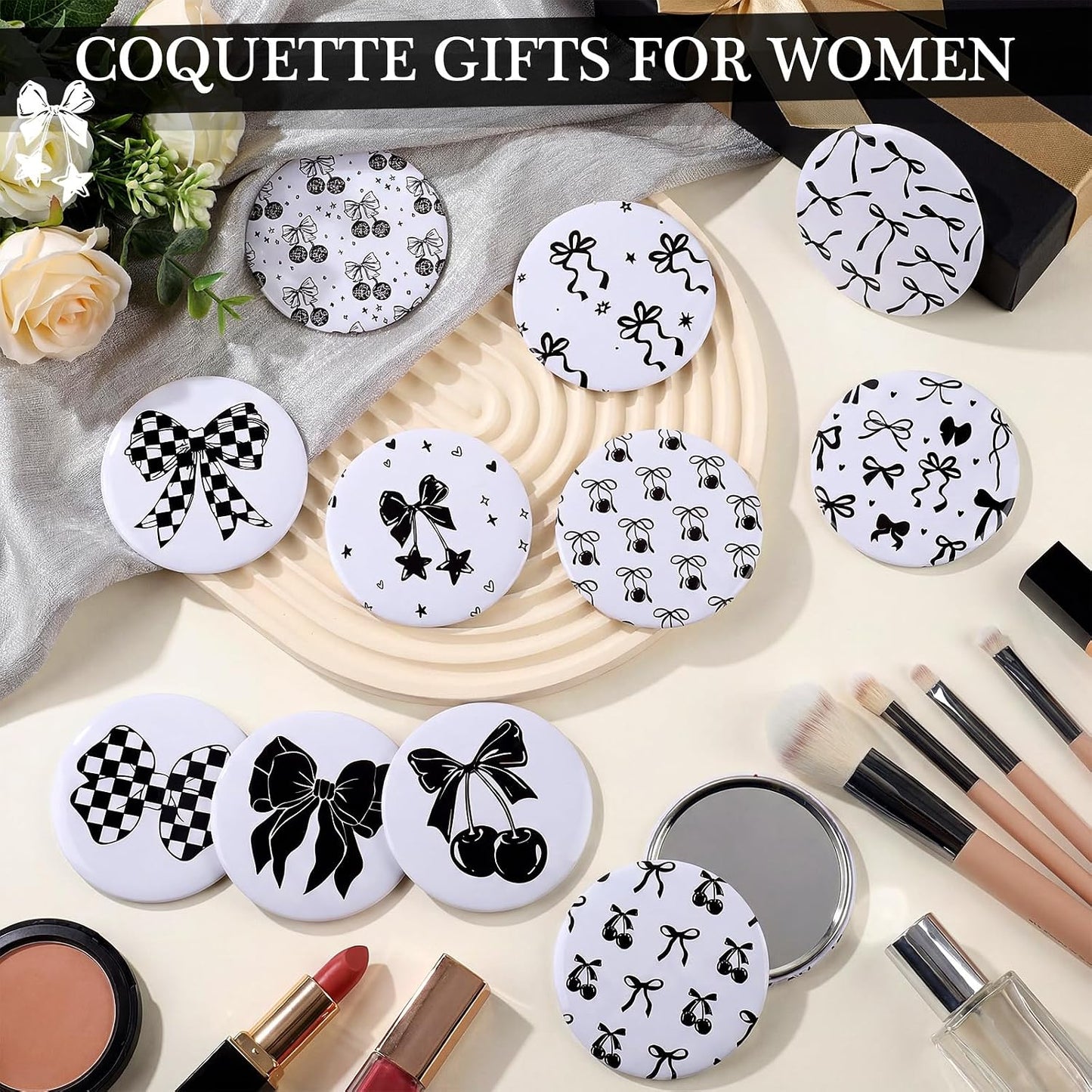 Cinnvoice Mini Compact Mirrors - 12 Pcs Bow Party Favors | Aesthetic Pocket Keepsakes for Women & Girls (Black & White)