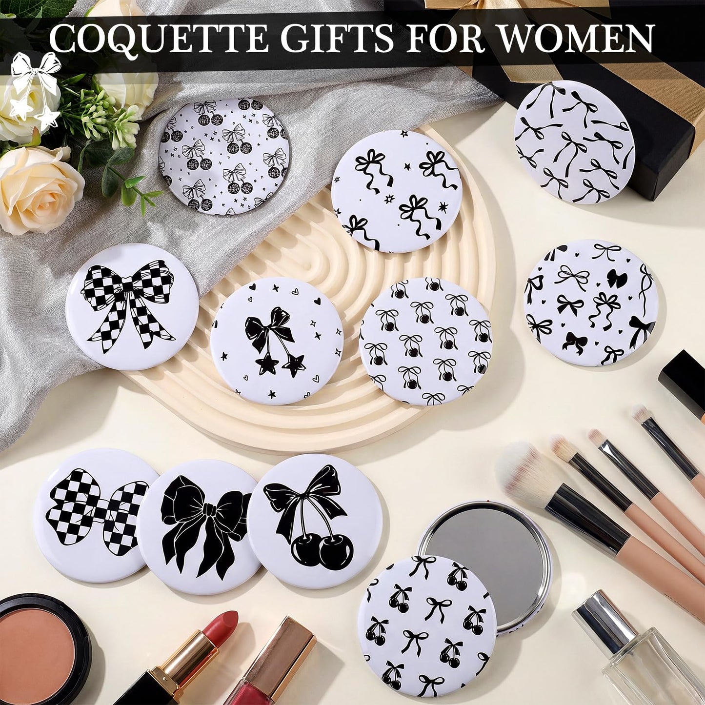 Cinnvoice 12 Pcs Bow Party Favors Mini Compact Mirror Bulk Coquette Aesthetic Little Pocket Mirrors Bow Keepsake Gifts for Women Girl Birthday Wedding Bridal Baby Shower Party Favors(Black and White)