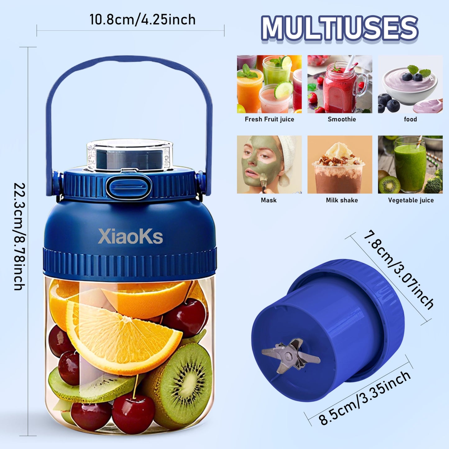 Xiaoks Portable Blender Personal Blenders for Shakes and Smoothies with 43oz Travel Cup, Rechargeable USB with BPA Free Cup and Lid,Small Blenders Cup for Kitchen Office Travel Gym (BLUE)