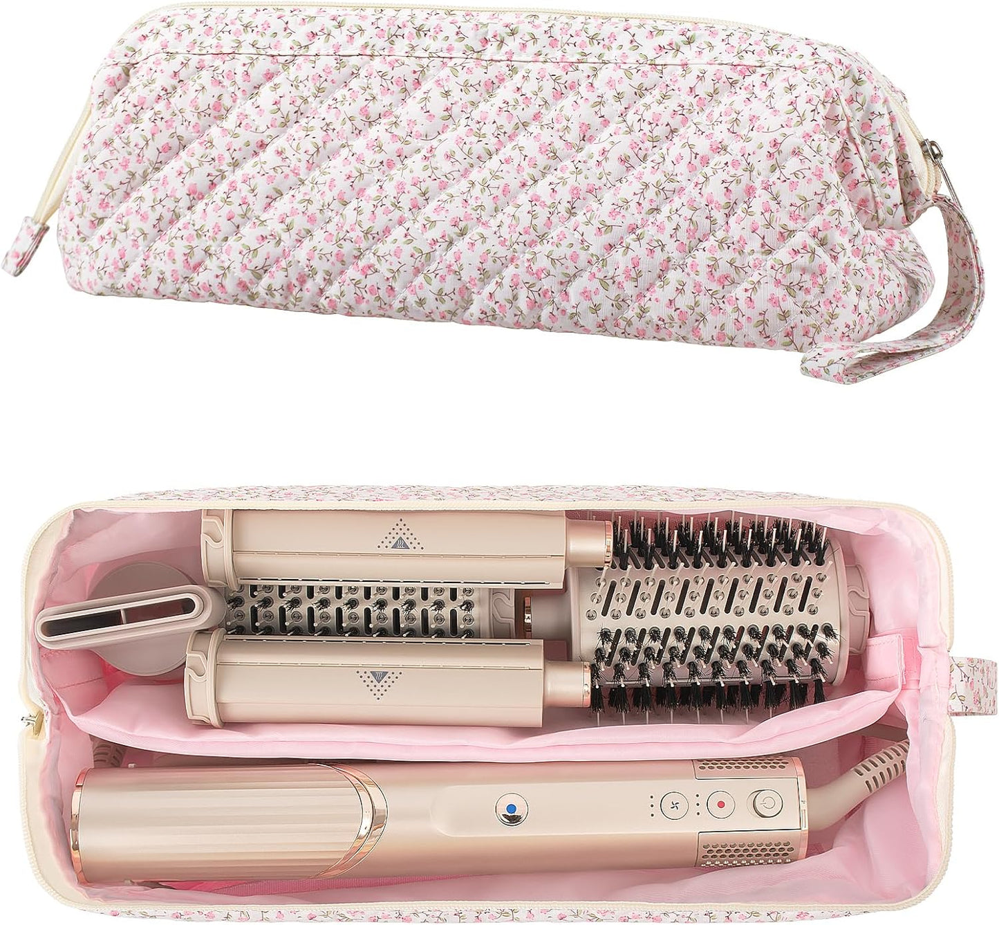 Quilted Hair Tool Travel Bag - Dyson Airwrap & Shark Flex Style Case | Pink Floral Organizer for Curling Irons