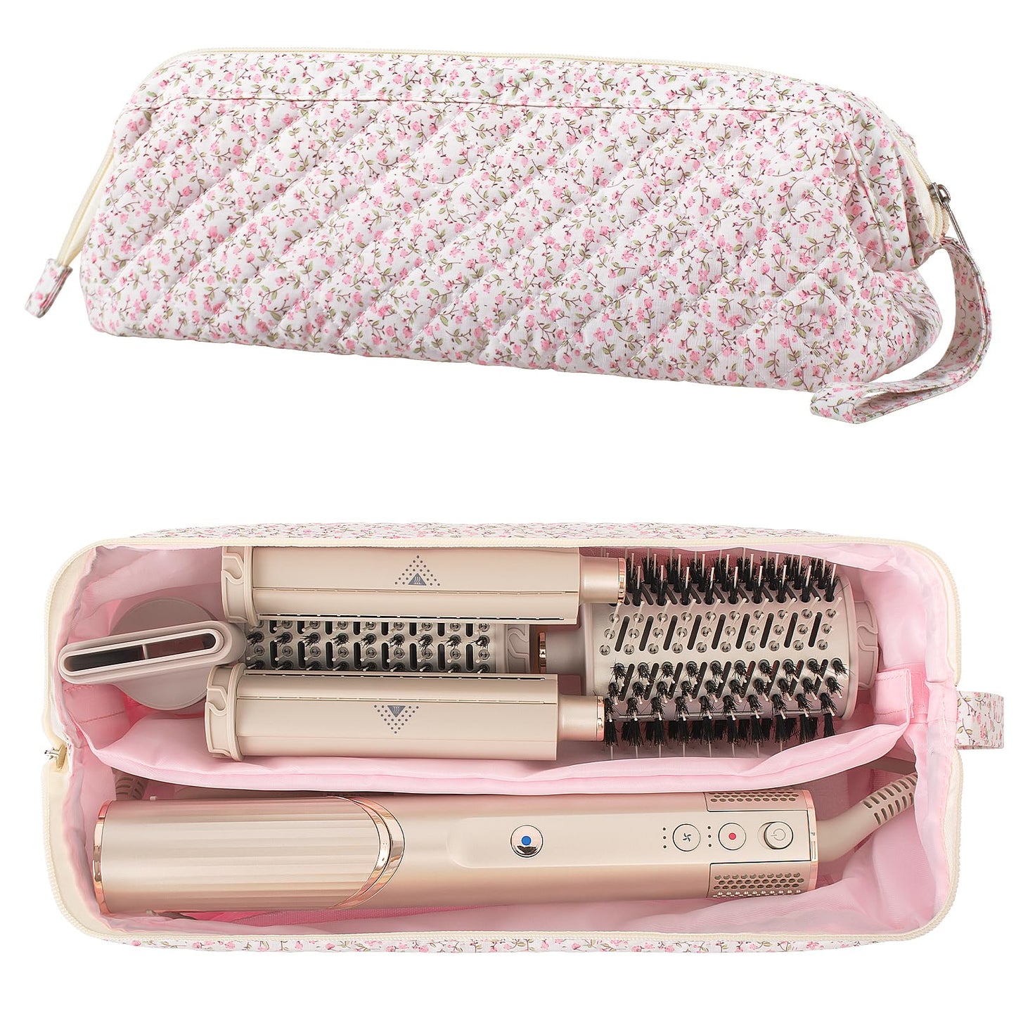 Voryssent Quilted Hair Tool Travel Bag, Shark Flex Style Travel Case For Dyson Hair Dryer Airwrap Bag, Curling Iron Bags Quilted For Shark Dyson Revlon Organizer Accessories - Pink Floral