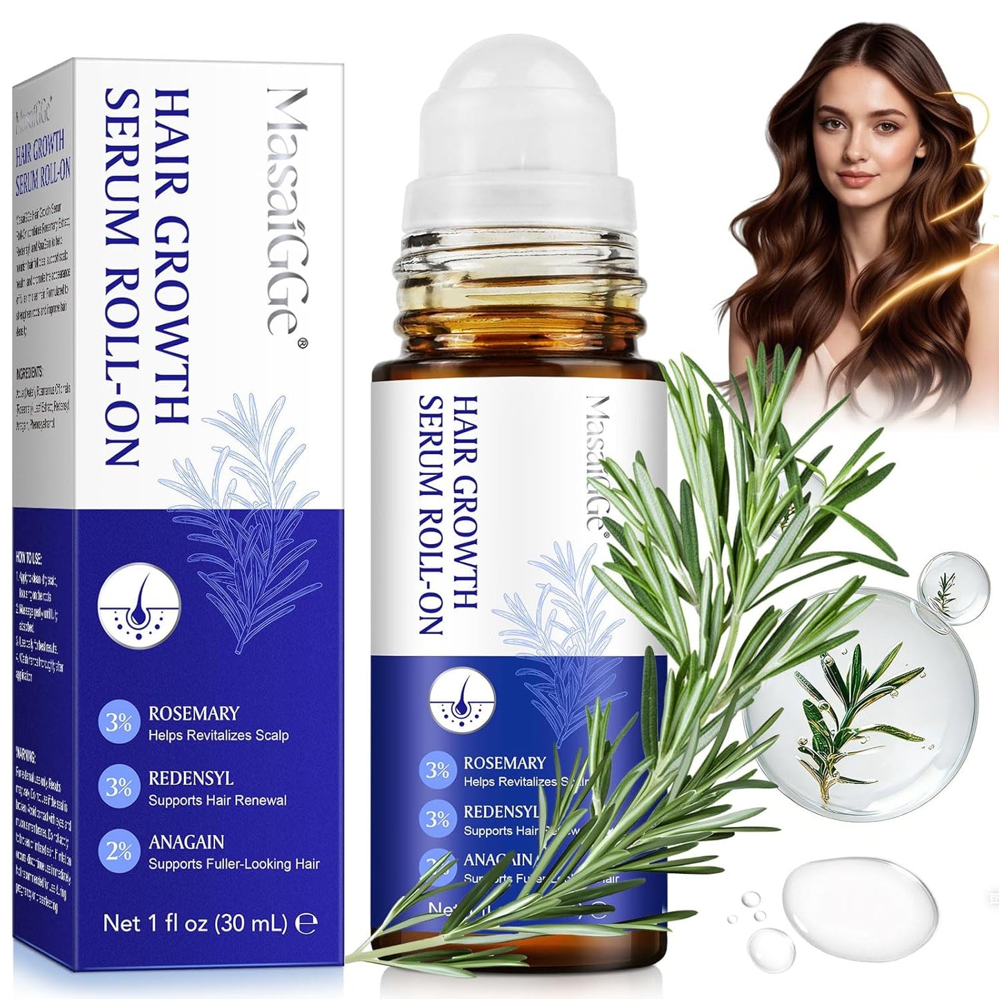 Hair Growth Serum Roll-On - Nourishing 30ml Oil with 3% Rosemary & Redensyl | Supports Scalp Health