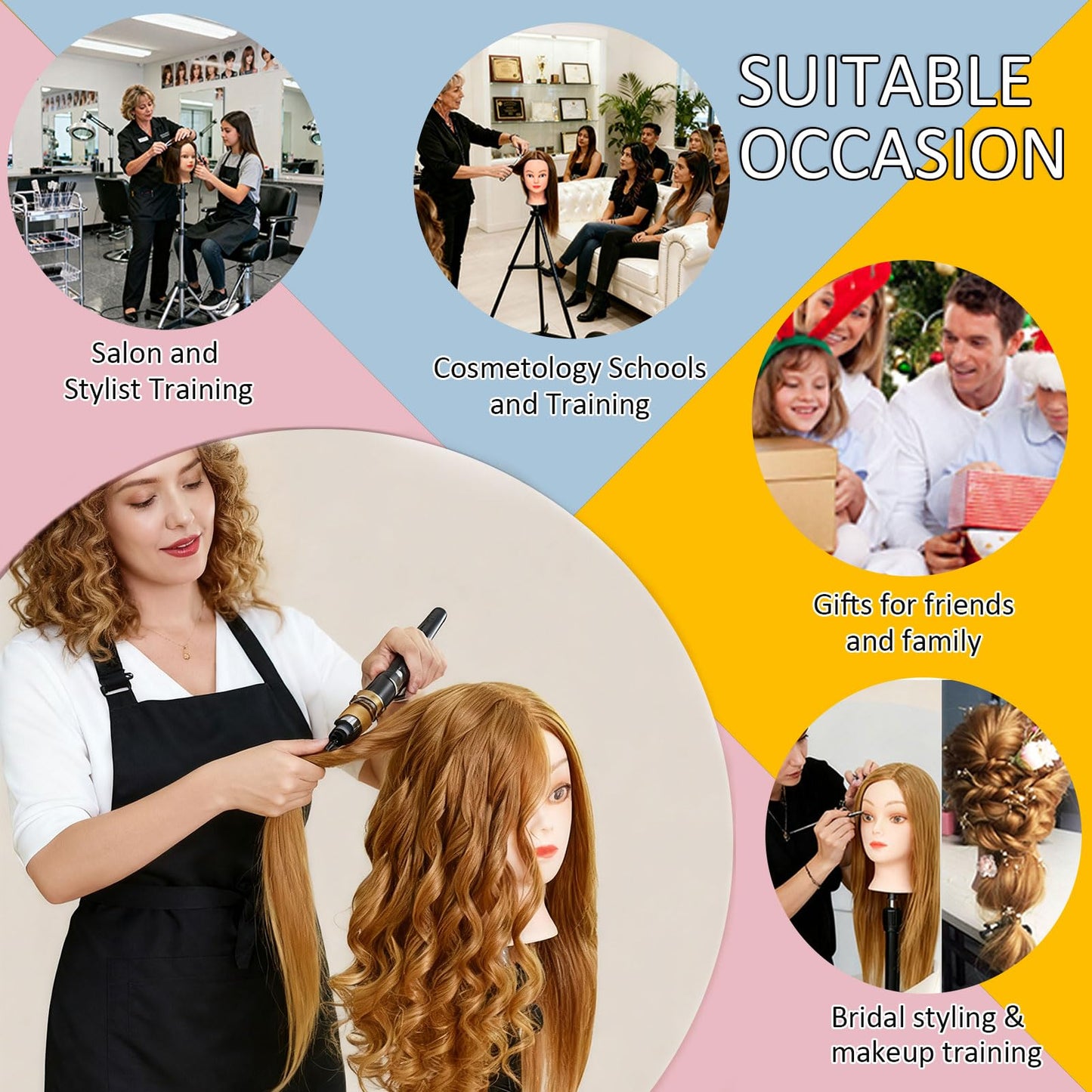 Mannequin Head Human Hair for Cosmetology, Manikin Head with 80% Real Hair for Styling Doll Head Braiding Practice Black Mannequin Heads Hairdresser Hairstylist Girls with Free Clamp Holder
