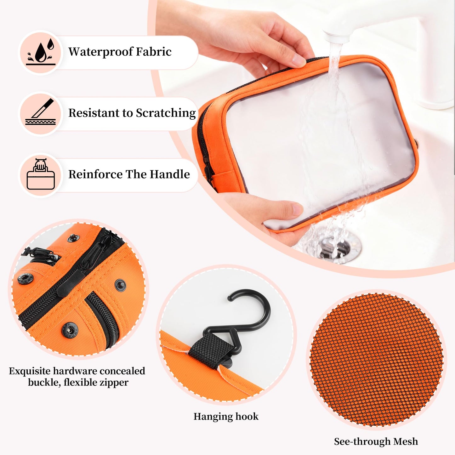 Toncoke Travel Toiletry Bag Set, Hanging Toiletry Bag Premium Faux Leather, Toiletry Bag for Women & Men, Travel Essentials Makeup Bag Water-resistant, Faux Leather Orange