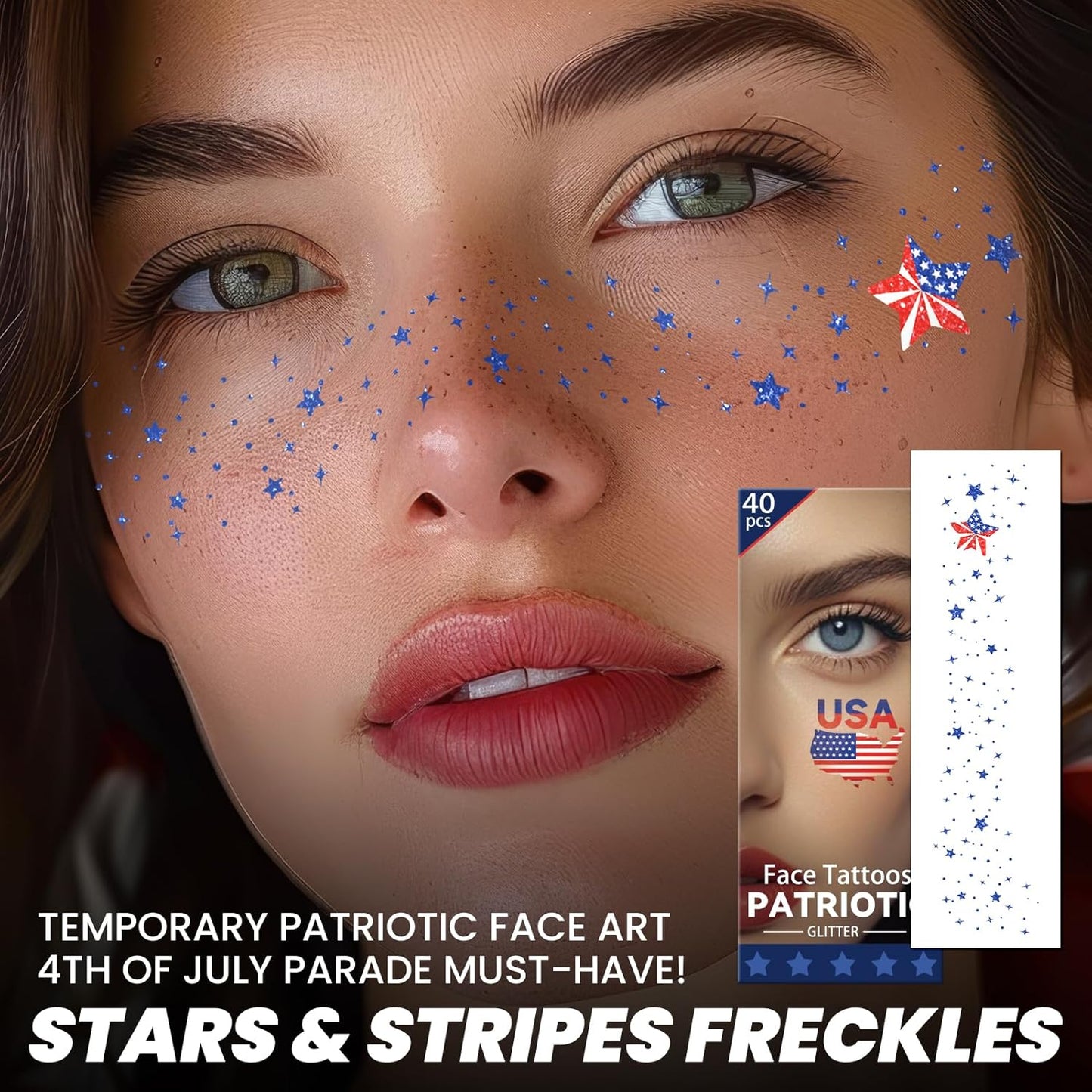 4th of July Face Tattoos - 40 Pcs Glitter Freckles with American Flag | Red, White & Blue Makeup Kit for Independence Day Celebrations