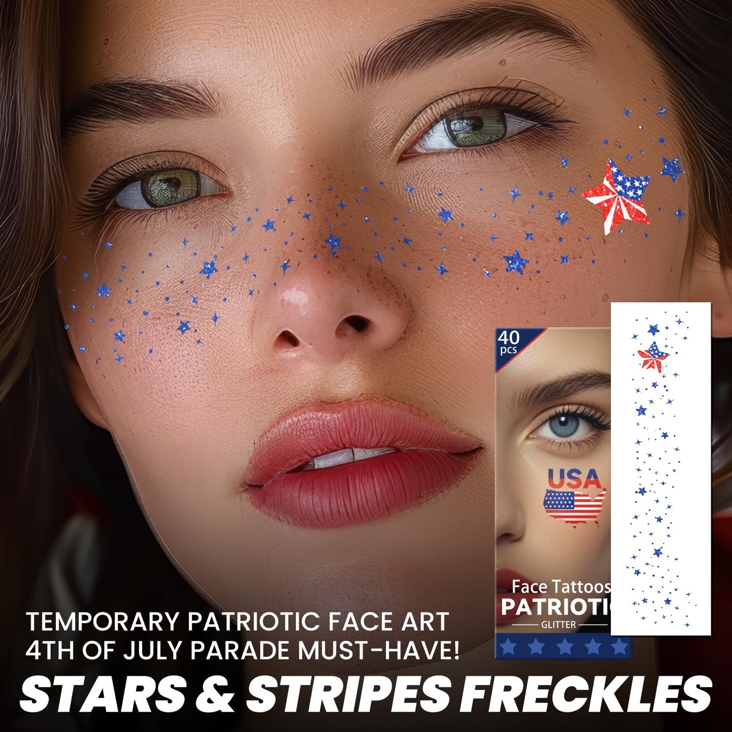 Cerlaza 4th of July Decorations, 40 Pcs Glitter Freckles Face Tattoo with American Flag, Red White Blue Usa Accessories, 4th of July Independence Day Fake Tattoos Makeup Kit, Rave Outfits for Women