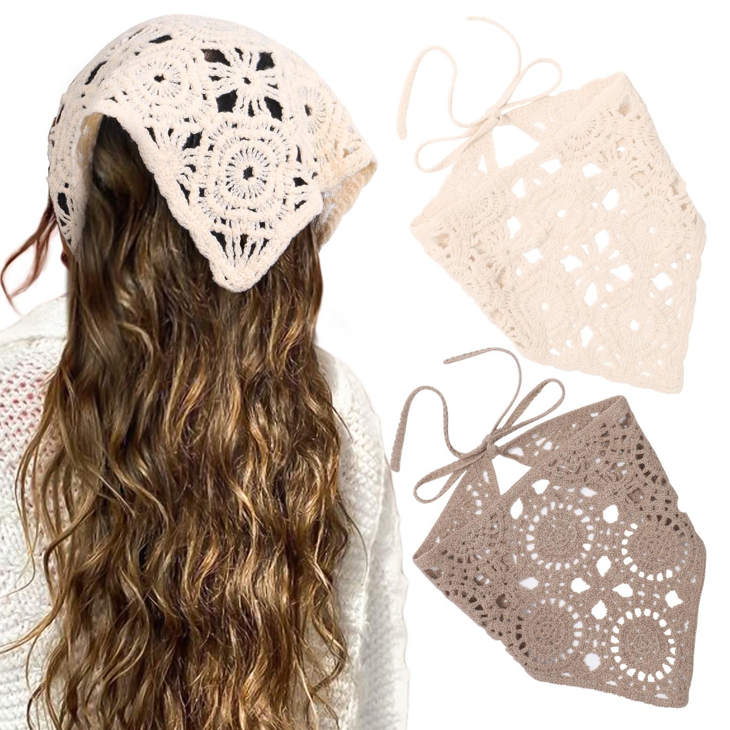 HAIMEIKANG Crochet Hair Bandanas for Women Knit Head Scarf Bandana Headband Scarf Tie-Back Floral Headscarf for Girls(White+Coffee)