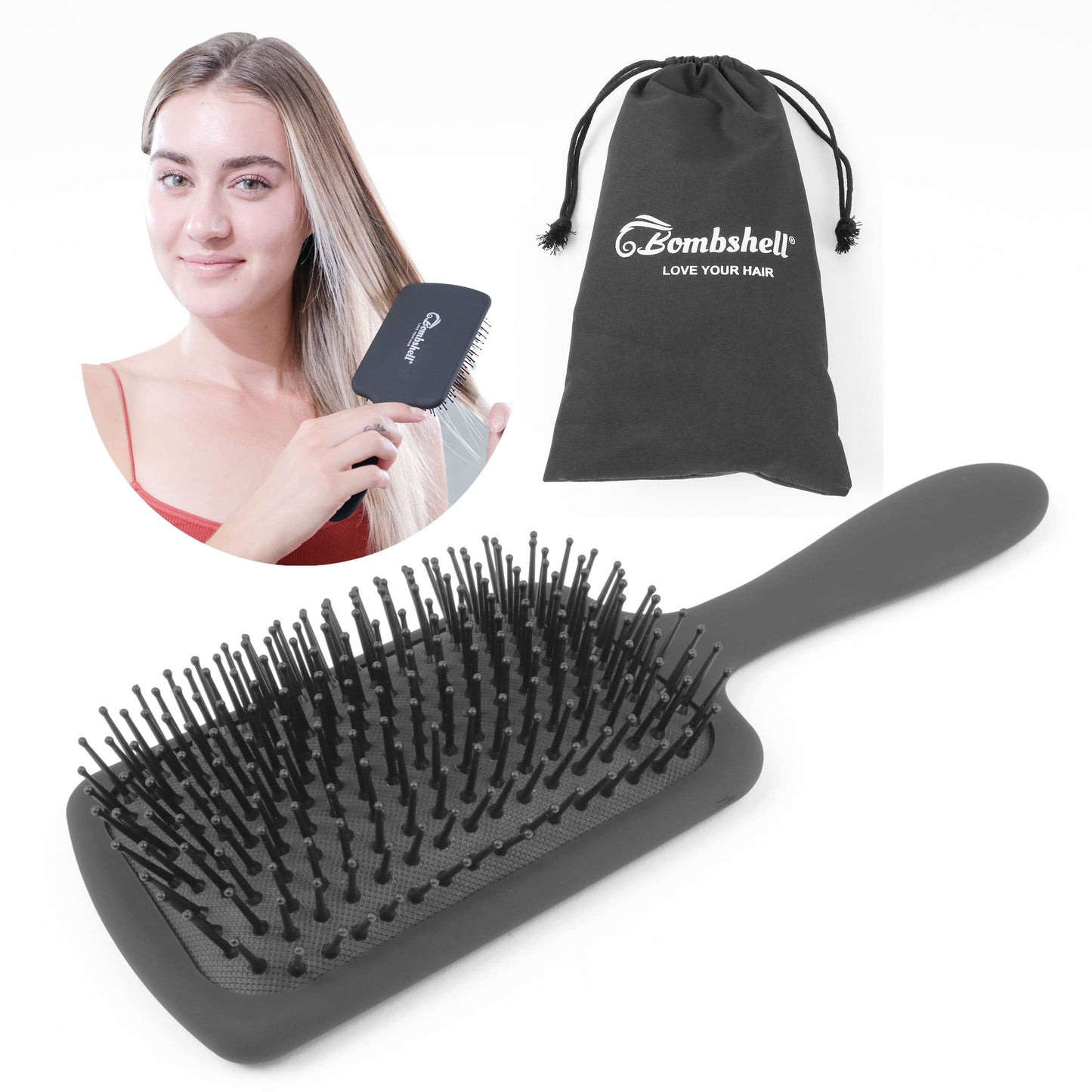 Bombshell Static-Free Cushioned Hair Brush — Finest Bristles, Soft Touch, Anti-Slip for Blow Drying, Styling, Straightening (Large)