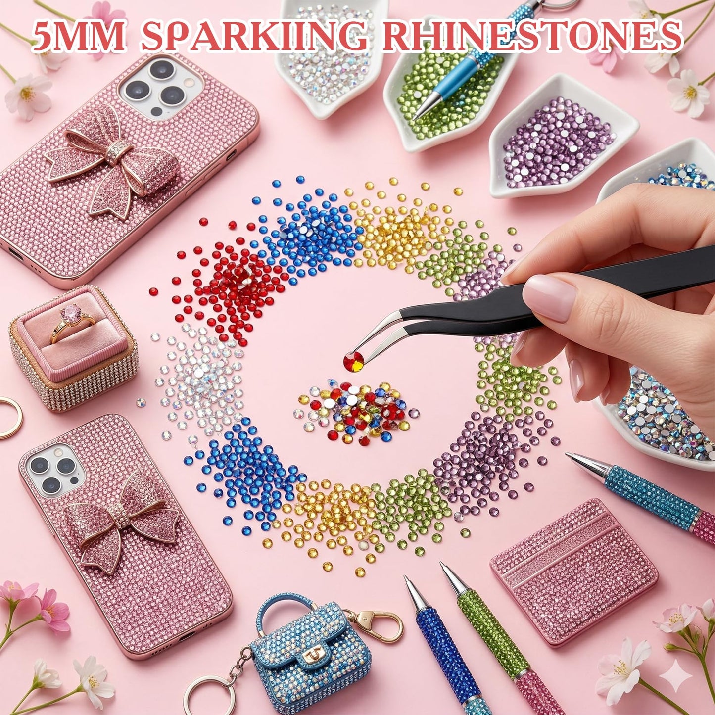 80000Pcs Bedazzling Kit with 5mm Rhinestones, 42 Colors Resin Flatback Nail Rhinestones, Bedazzler Kit with 3 B7000 Glue, Tweezers & Pen, Gems for Crafts, Clothes, Tumblers, Nail Art