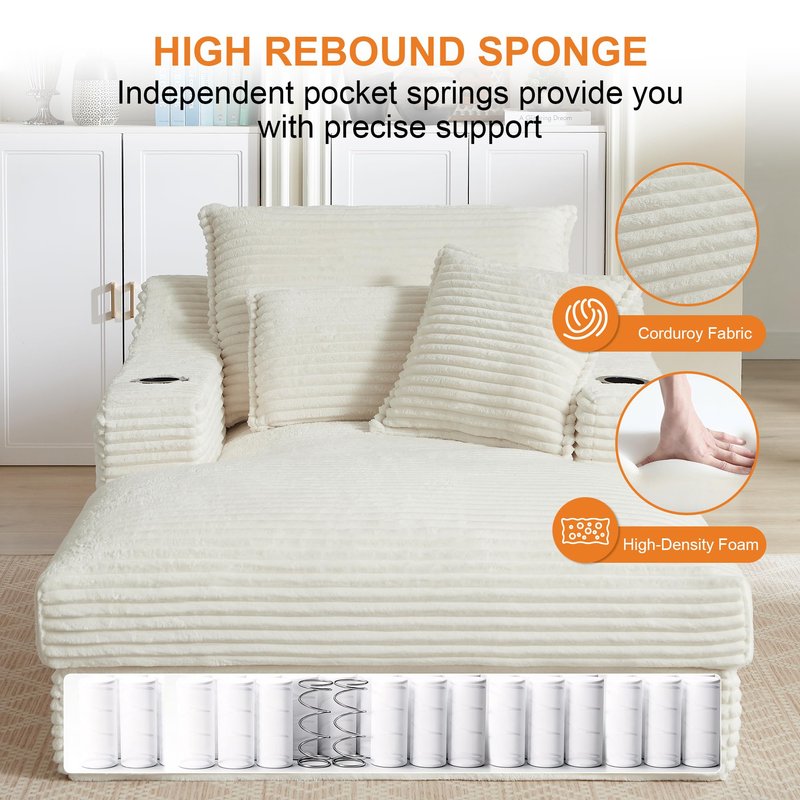 Oversized Chaise Lounge Chair Indoor, 67'' Upholstered Sleeper Sofa Bed with Cup Holders & 3 Pillows, Deep Seat Corduroy Boneless Cloud Sofa Couch for Living Room, No Assembly Reading Chair, White