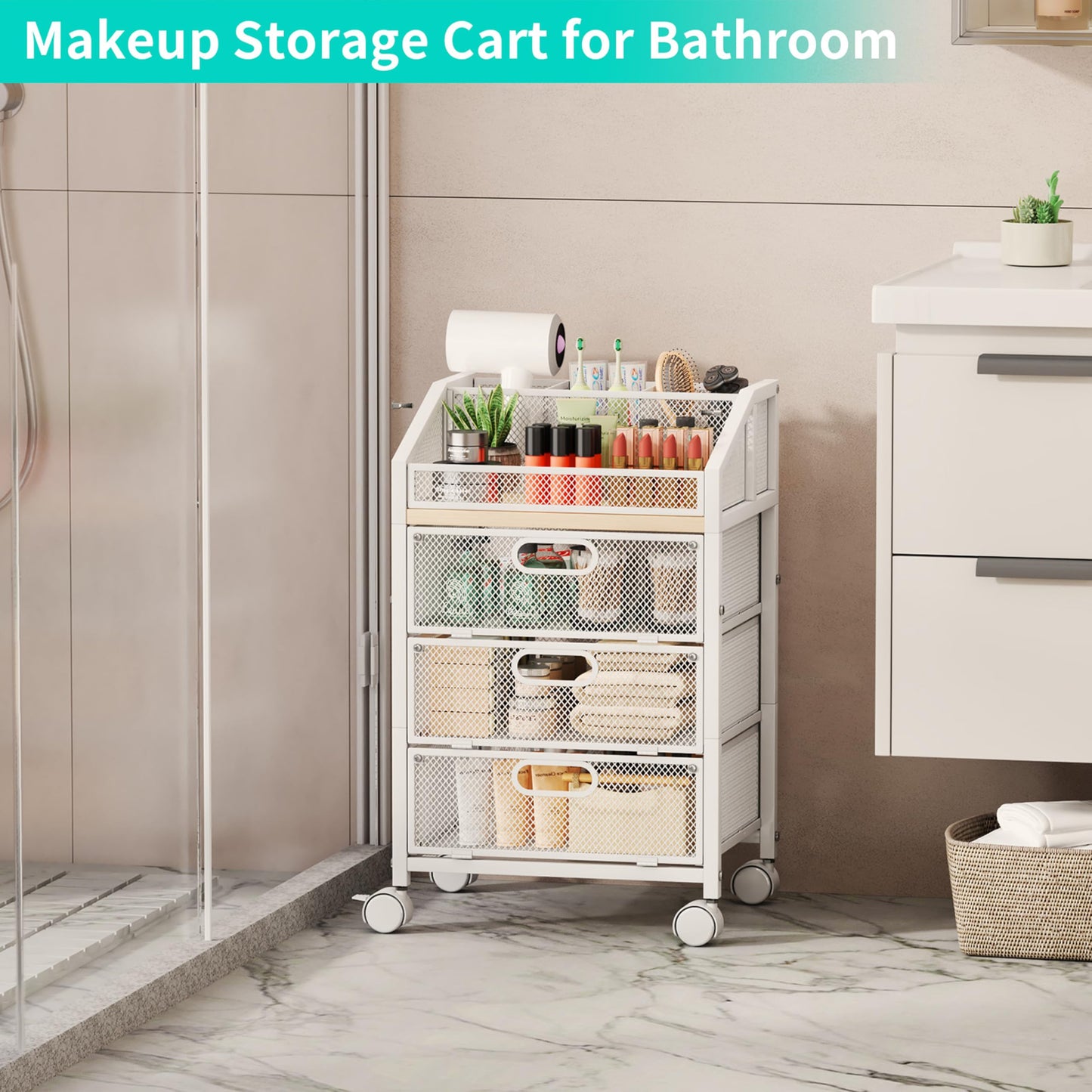 HapiRm Rolling Makeup Cart Organizer - Under Desk Makeup Storage with Wheels, Floor Make up Cart Skincare Organizers Desk Vanity Storage Organizer Cabinet for Cosmetics Makeup Brush Hair Tool, White
