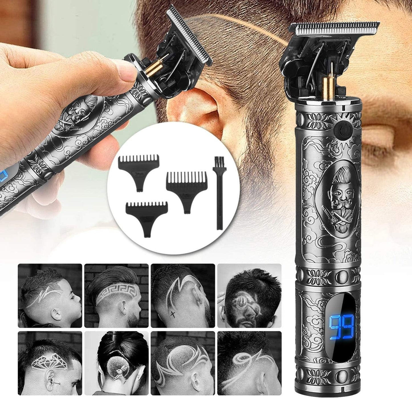 Professional Zero Gapped Hair Clippers - Waterproof Cordless T-Blade Trimmer for Men | Gray Knight