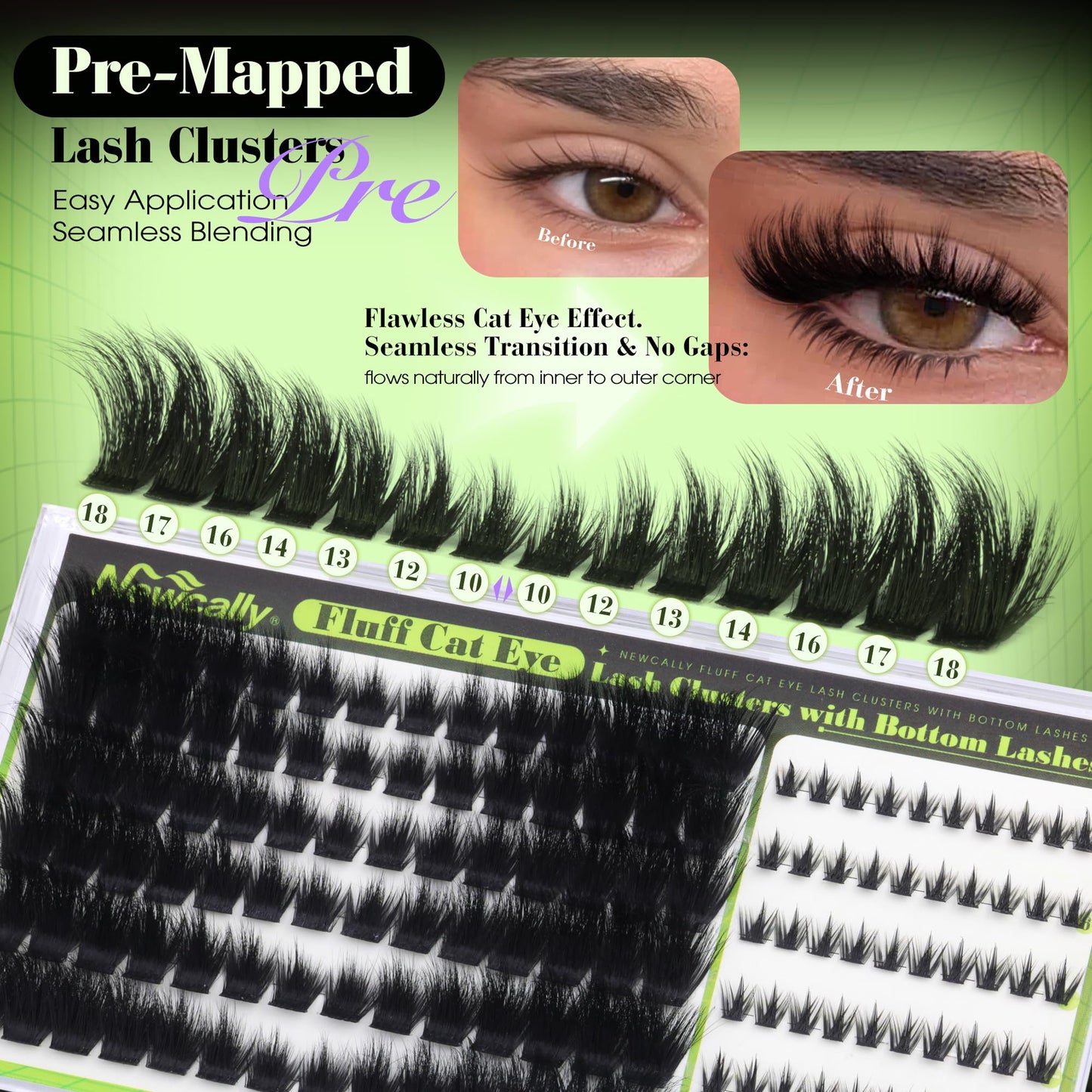 Cat Eye Lash Clusters Fluffy Eyelash Clusters with Bottom Lashes Thick Volme Lash Extension Pre Mapped Mink Cluster Eyelash Extensions D-curly Soft Cluster Lashes Individuals by Newcally