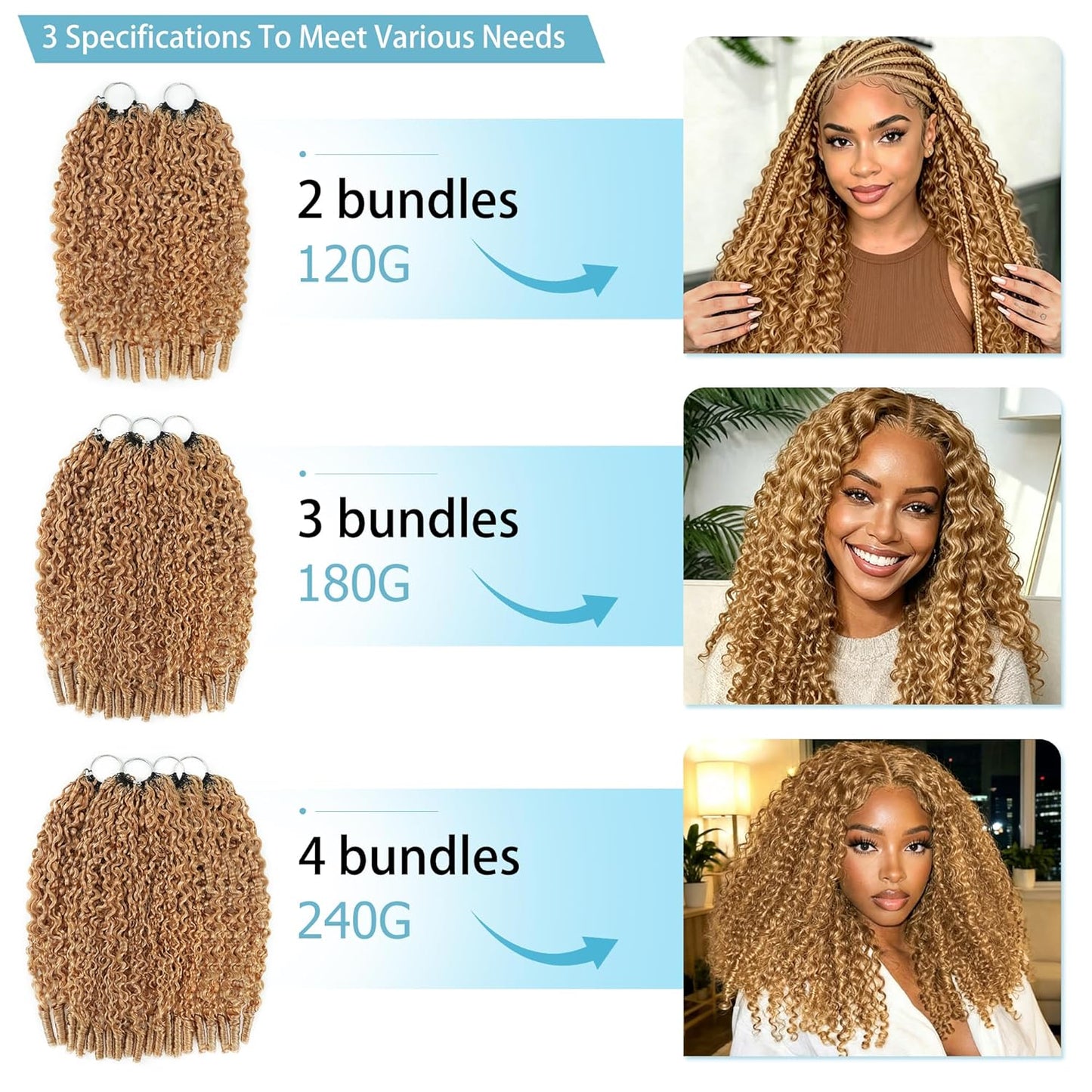 Honey Blonde Burmese Curly Crochet Hair Extensions - 14 Inch, 240g, Reusable, Lightweight, Miracle Knots