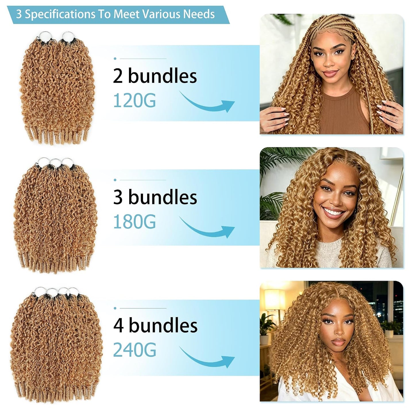 Honey Blonde Burmese Curly Crochet Hair Extensions - 20 Inch, 240g, Lightweight & Reusable, Invisible Knots