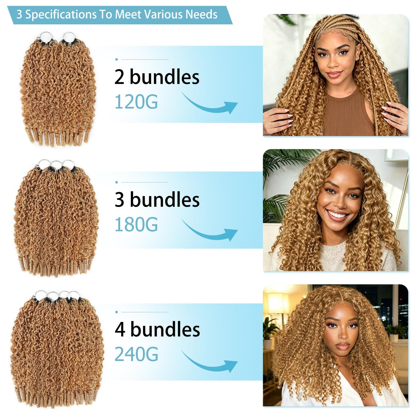 KULYMUWIG Honey Blonde Burmese Curly Crochet Human Hair 14 Inch 180g Pre-Separated Feather Human Crochet Hair Bundles 27# Invisible Miracle Knots Hair Extensions