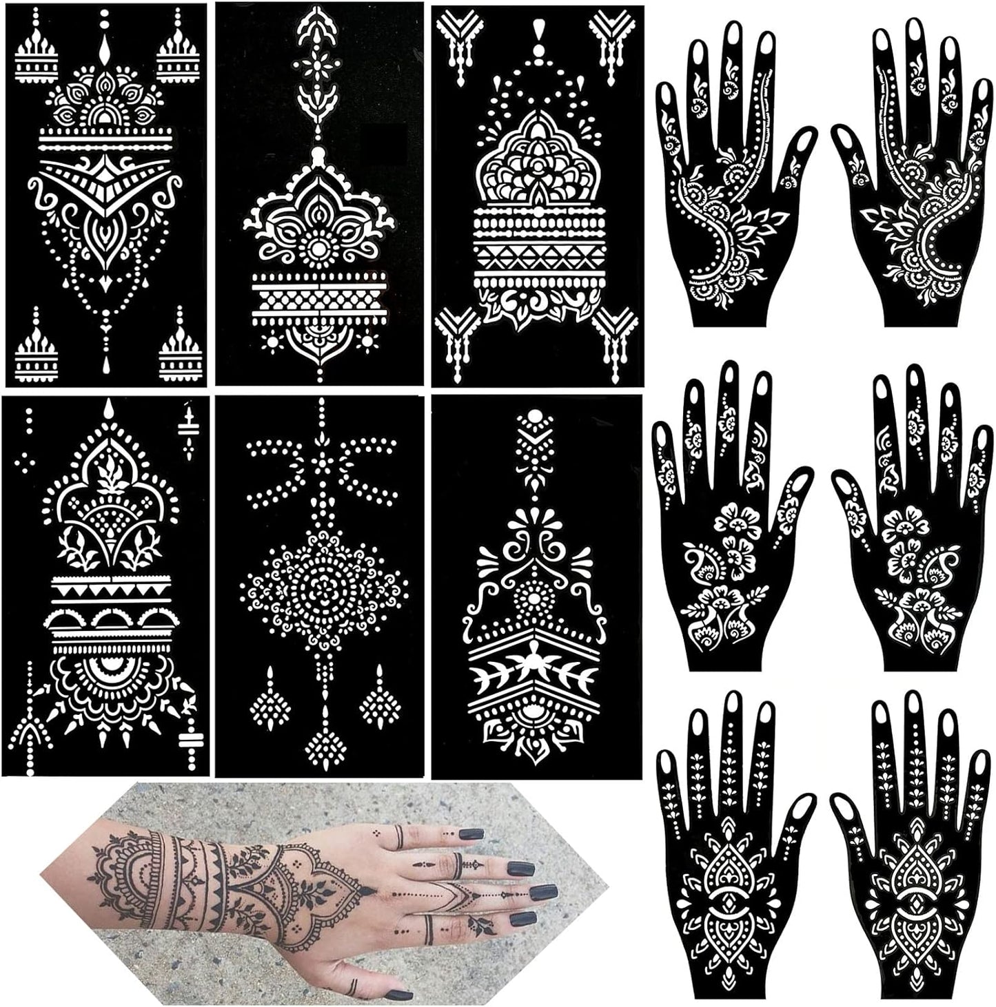 Henna Tattoo Stencils Kit - 12 Reusable Temporary Tattoo Stickers for Women | Indian & Arabian Designs