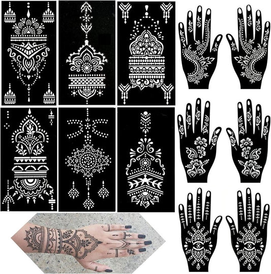 Henna Tattoo Stencils Kit - 12 Reusable Temporary Tattoo Stickers for Women | Indian & Arabian Designs