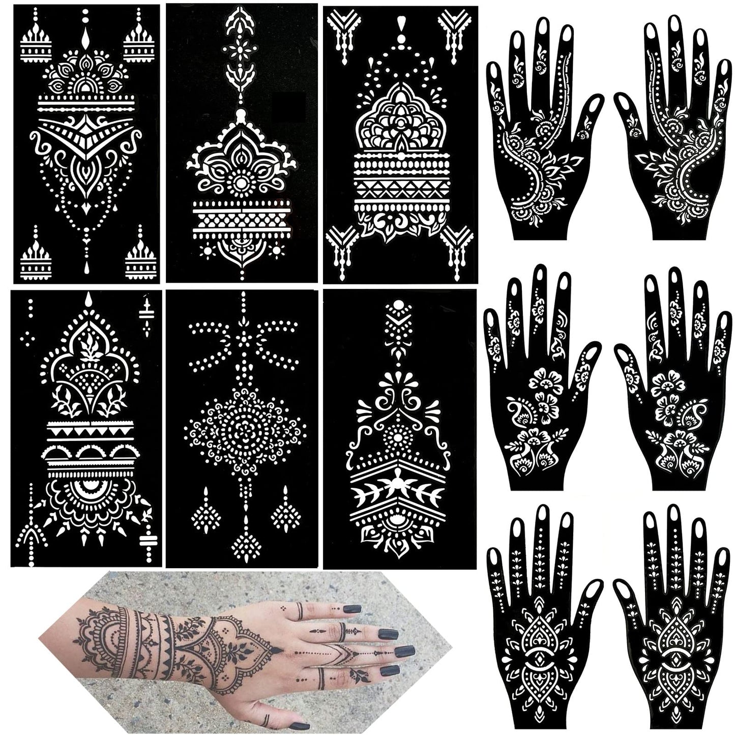 QSTOHENA Henna Tattoo Stencils kit, 12 Sheets Temporary Tattoo Stickers for Women Girls Indian Arabian Reusable Hand Tattoo Templates