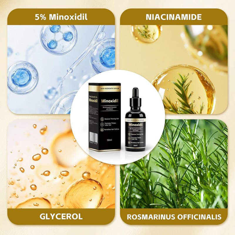 Minoxidil Essence 5% - Hair & Beard Growth Serum for Men & Women | Strengthens Roots & Activates Follicles, 1.76 fl oz - Black