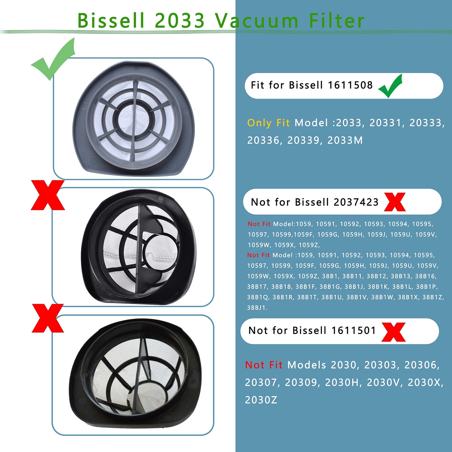 2033 Filter Replacement Compatible with Bissell Featherweight Stick Lightweight Bagless Vacuum 20331 20333 20334 20336 20339 2033M Series 1611508,Pack of 4
