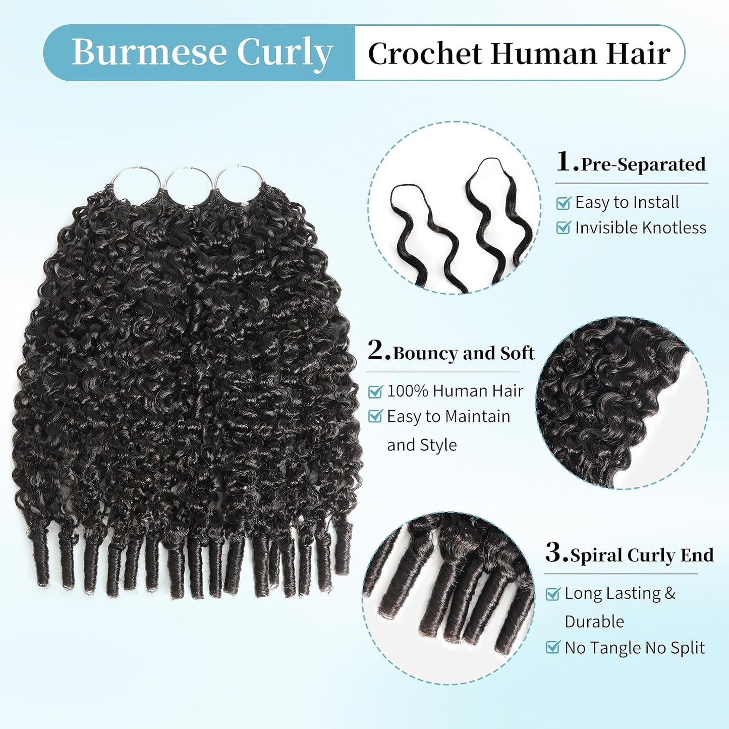 Human Crochet Hair for Black Women - 16 Inch Burmese Curly Bundles | 180g Pre-Separated Extensions