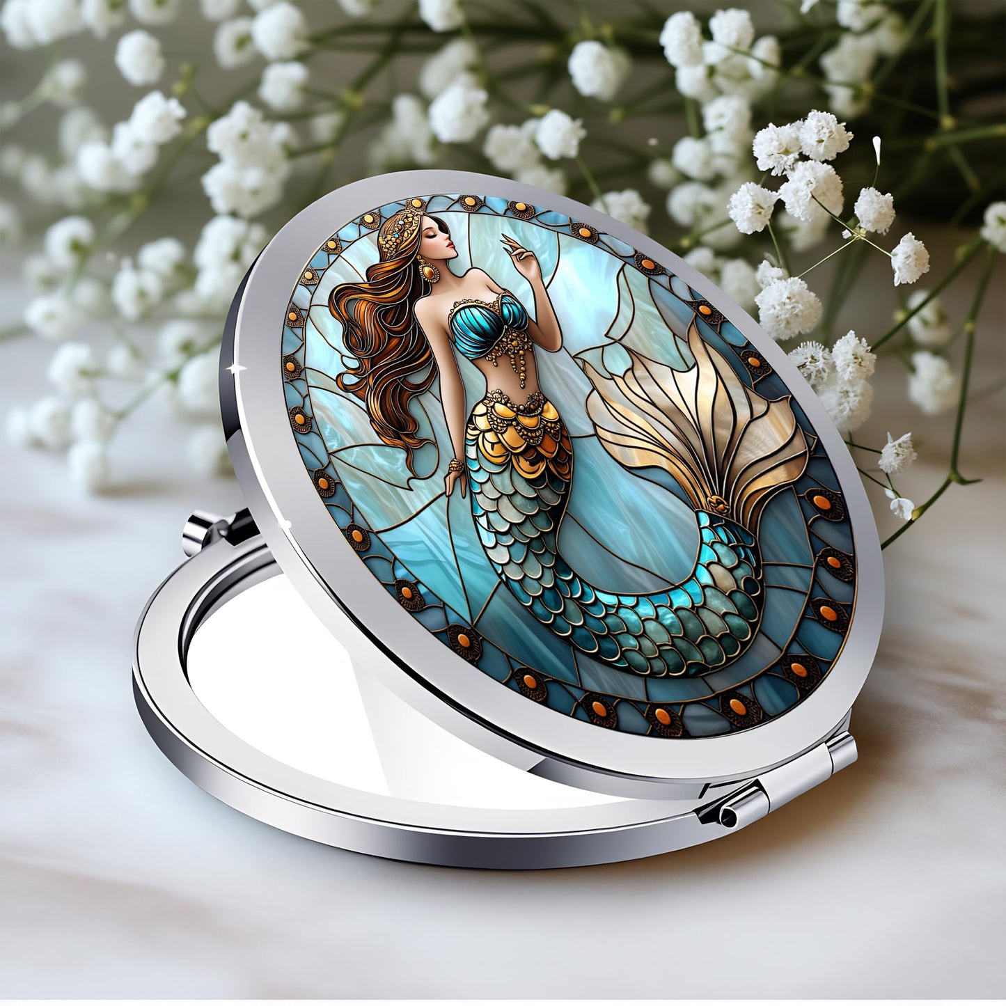 Silver Compact Mirror, 2.8x2.8inch Double-Sided Folding Makeup Mirror with Golden Tail Mermaid Design, Ideal Gift for Women