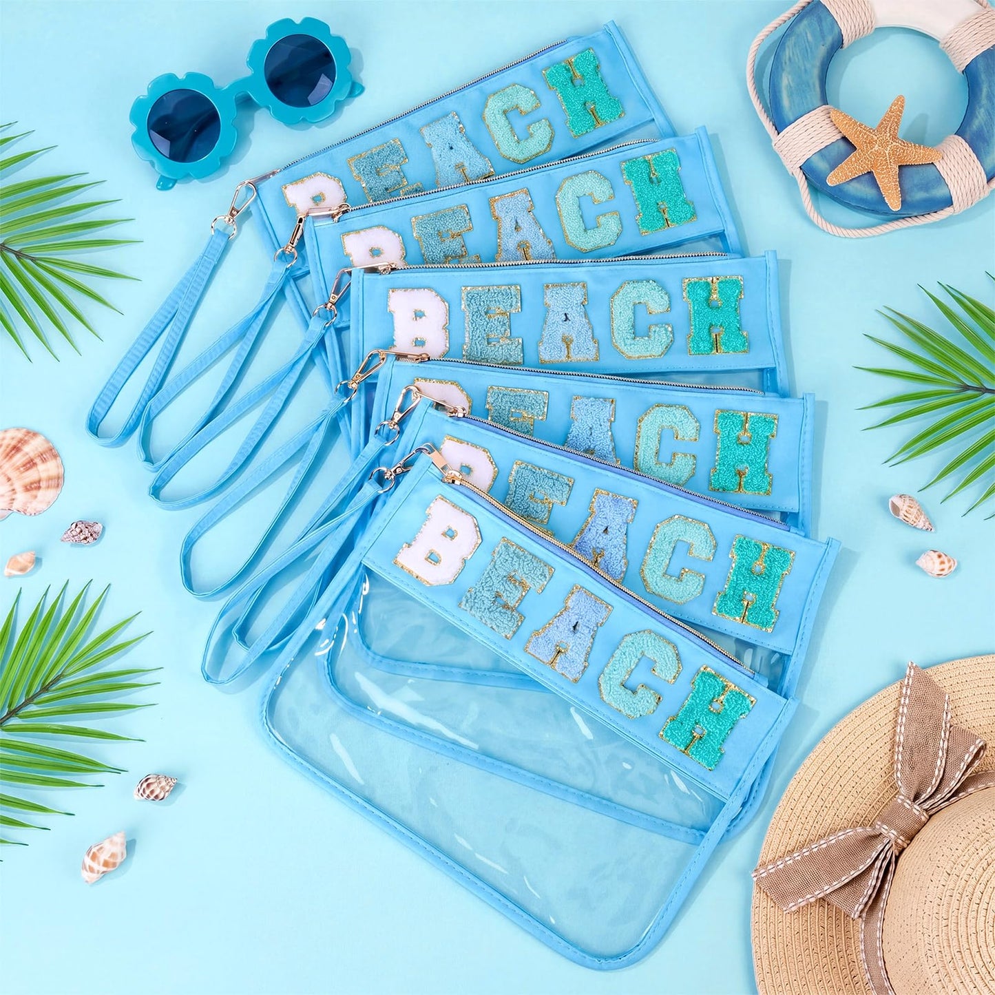 Kacctyen 6 Pcs Beach Bags Chenille Letter Clear Makeup Bag with Zipper Waterproof Cosmetic Toiletry Pouch with Handle Gym Travel Summer Gifts for Women Girls (Blue, Beach)