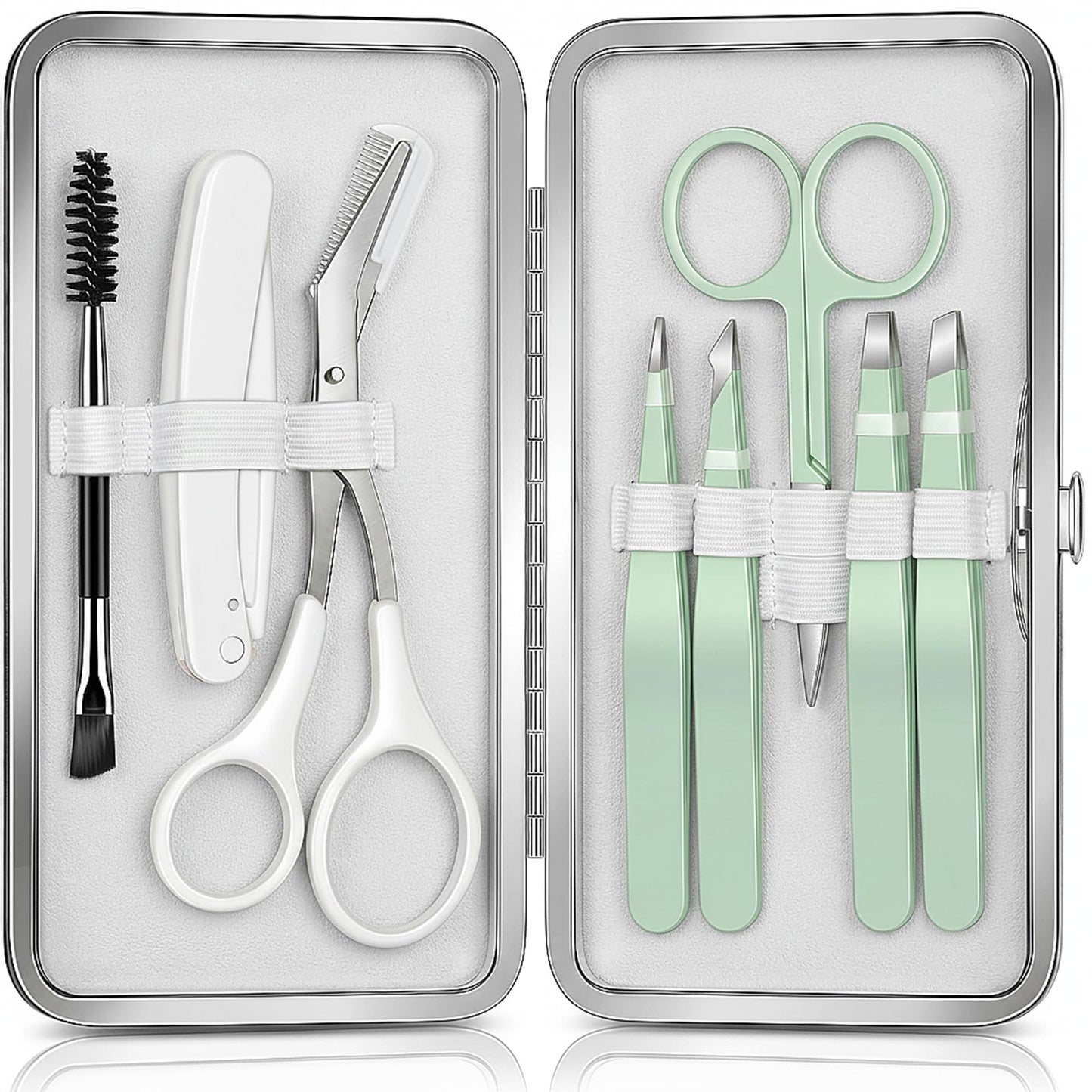 8 in 1 Eyebrow Kit with Tweezers, Tweezers for Women Facial Hair,Eyebrow Trimmer Scissors, Razor, Brush with Travel Bag, Hair Plucking Daily Beauty Tools(Green)