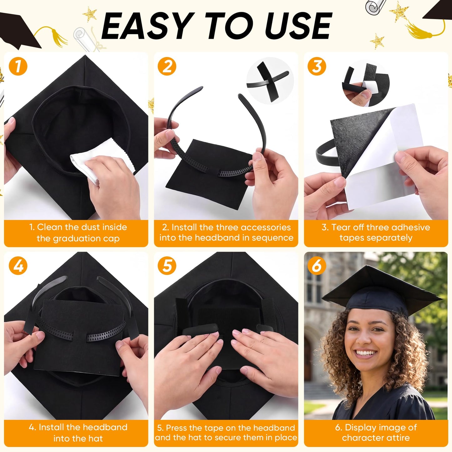 YFJOLEN 2 Pack Graduation Cap Headband, Grad Cap Hairband Insert for Perfect Graduation Hat Headband, Gift for Graduates Students Accessories Black