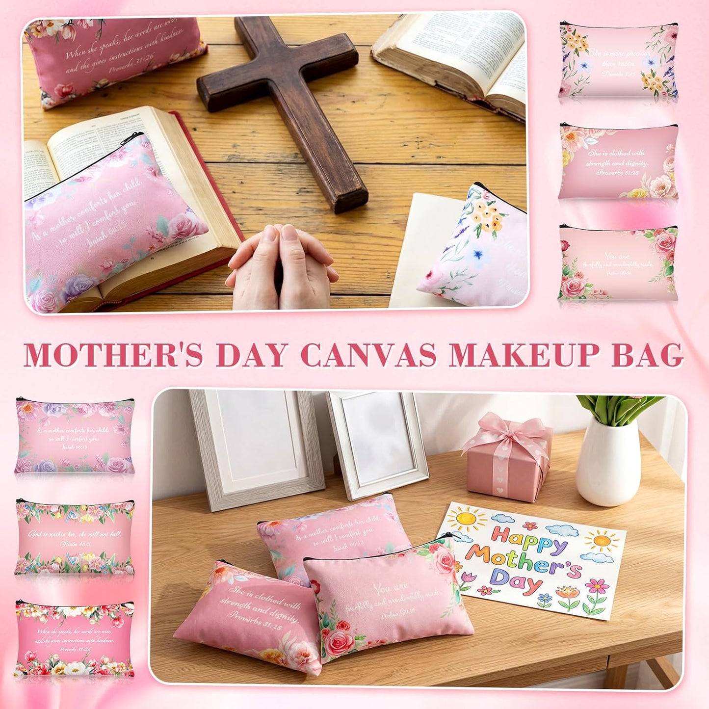Bible Verse Makeup Bags - 12 Pcs Pink Canvas Cosmetic Pouches | 9 x 6 Inches Travel Toiletry Set for Women & Moms