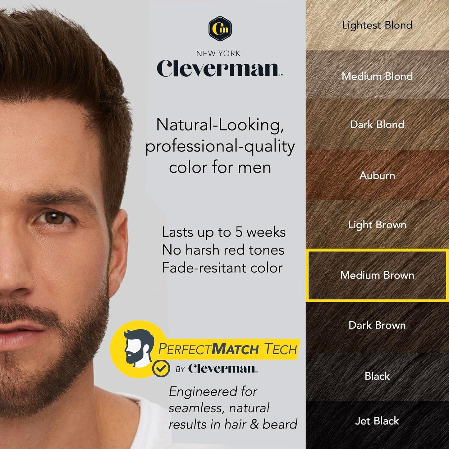 Reusable Hair & Beard Dye for Men - Medium Brown | Natural Gray Coverage, No-Drip Cream, Up to 5 Uses