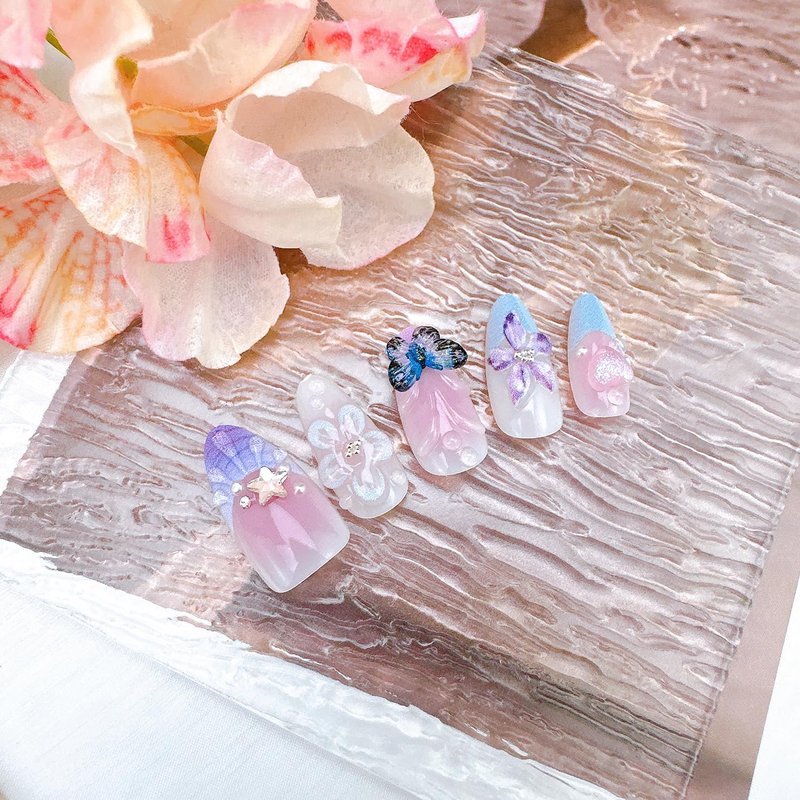**Spring Butterfly Press-On Nails - Medium Almond Purple French Tip with Rhinestones & Flowers | 30-Piece Set**