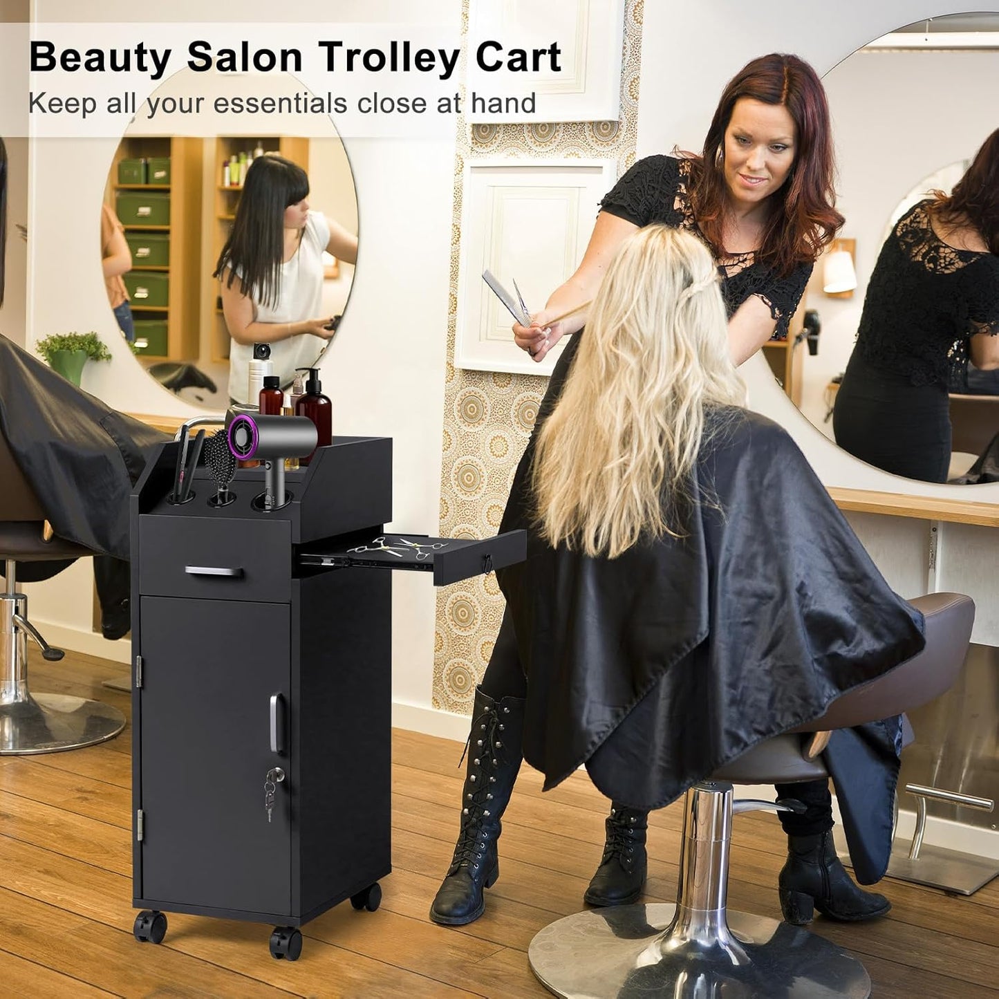 Hair Salon Storage Cart - Mobile Makeup Case with Wheels, 3 Hair Dryer Holders & 4 Drawers | Black Utility Trolley