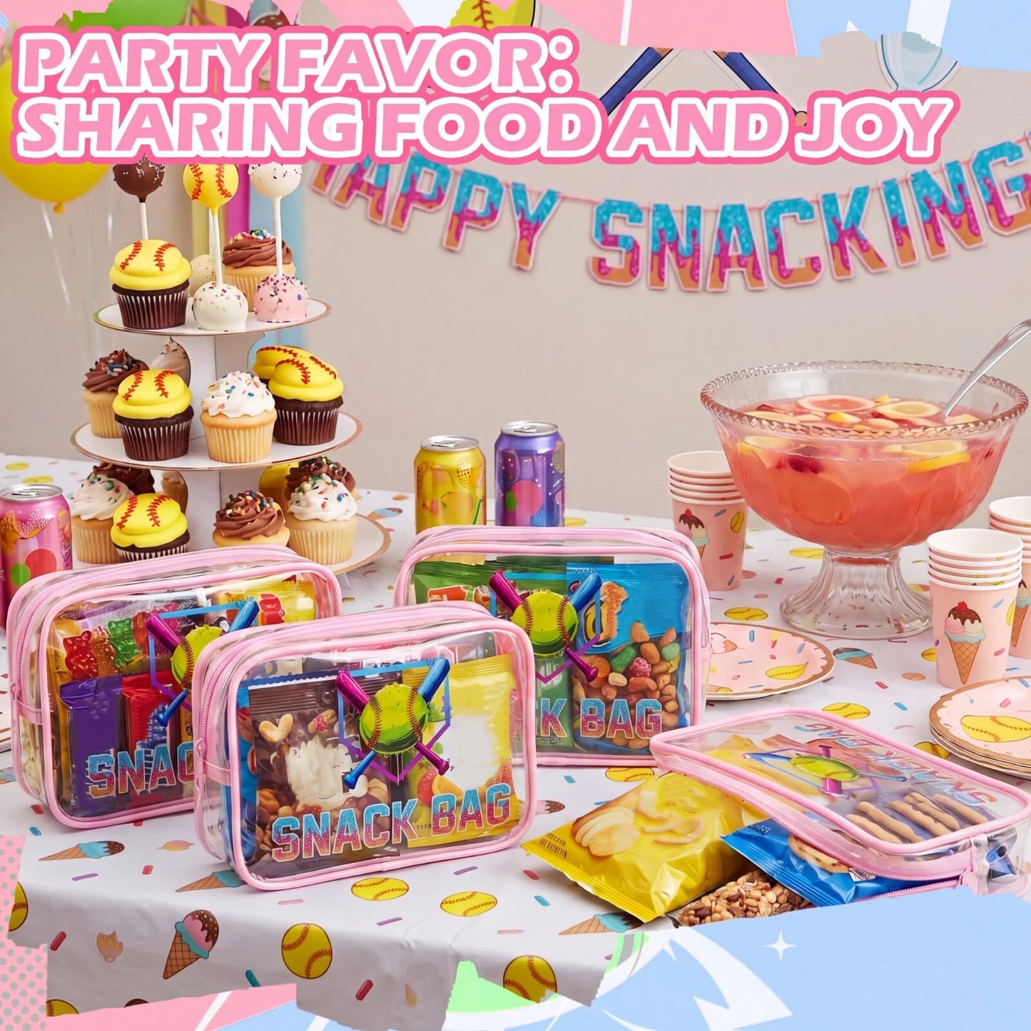Sunnymove 12 Pcs Softball Party Favors Ice Cream Drip Snack Bags Cute Sport Gifts for Girls Women Makeup Bag Bulk Clear PVC Cosmetic Case Travel Handbag for Team Gift, 7.09 x 4.72 x 2.36''