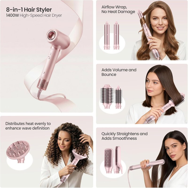 8-in-1 Hair Styler & Dryer Brush Set - Ionic Blow Dryer with Curlers | Fast Drying, No Heat Damage