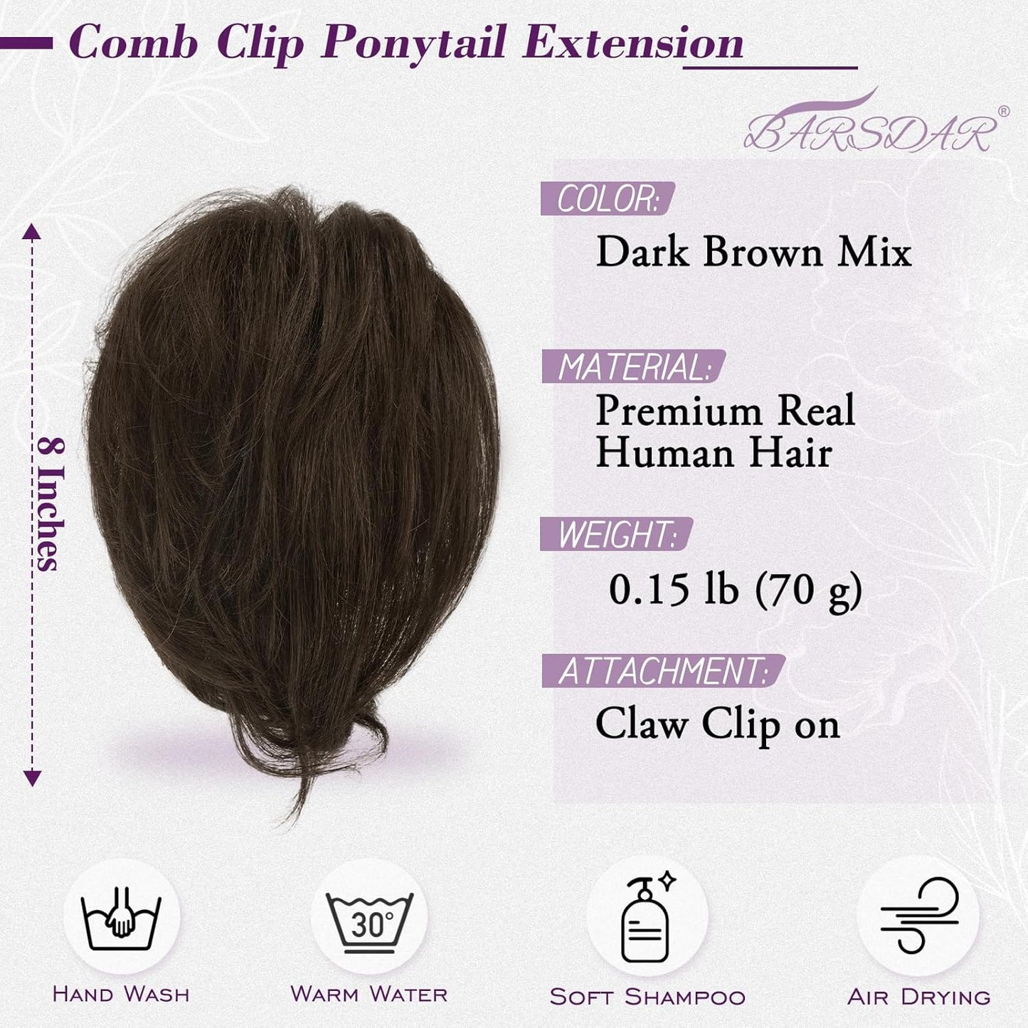 Claw Clip Ponytail Extension - 8 Inch Dark Brown Human Hair Messy Bun for Women | Bendable Metal Style