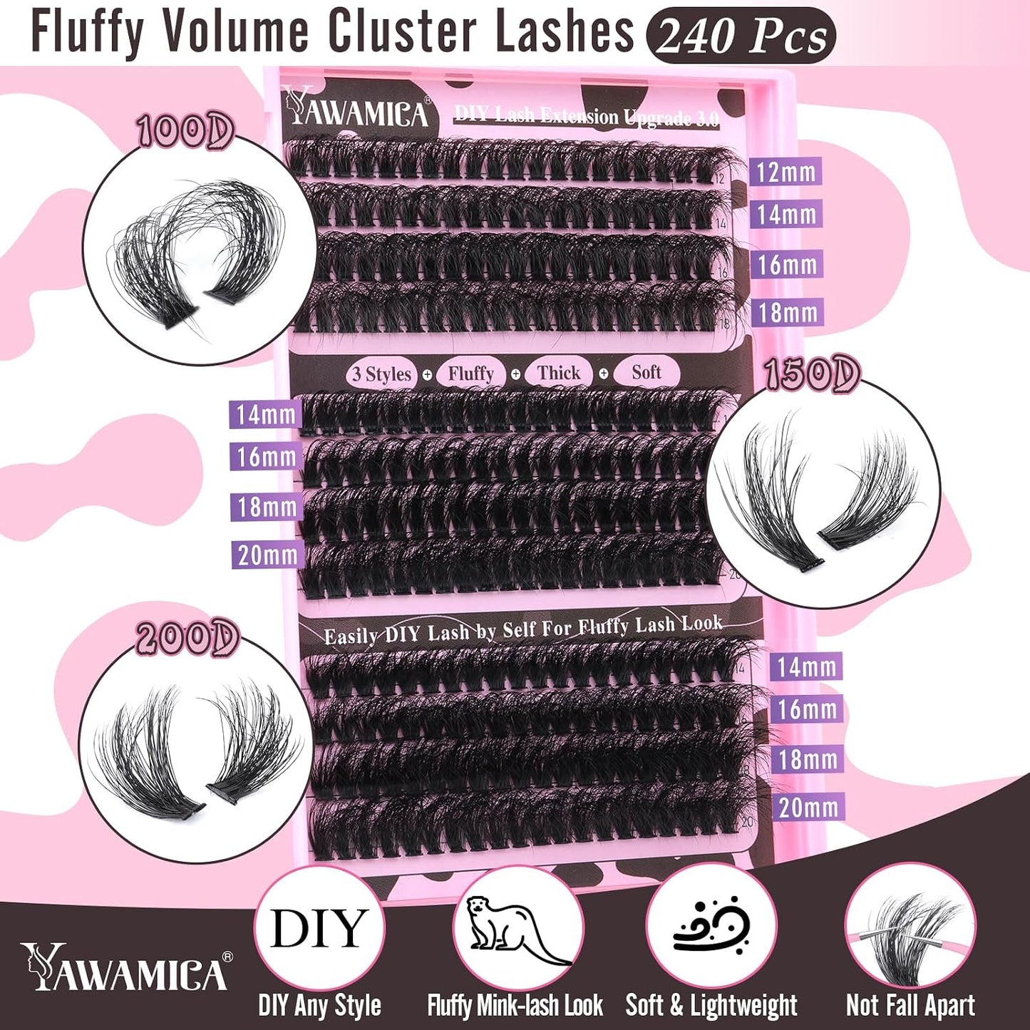 Eyelash Extension Kit - Fluffier Thick Volume 14-20mm D Curly Mink Lash Clusters | 240pcs DIY Individual Lashes with Bond, Seal & Applicator