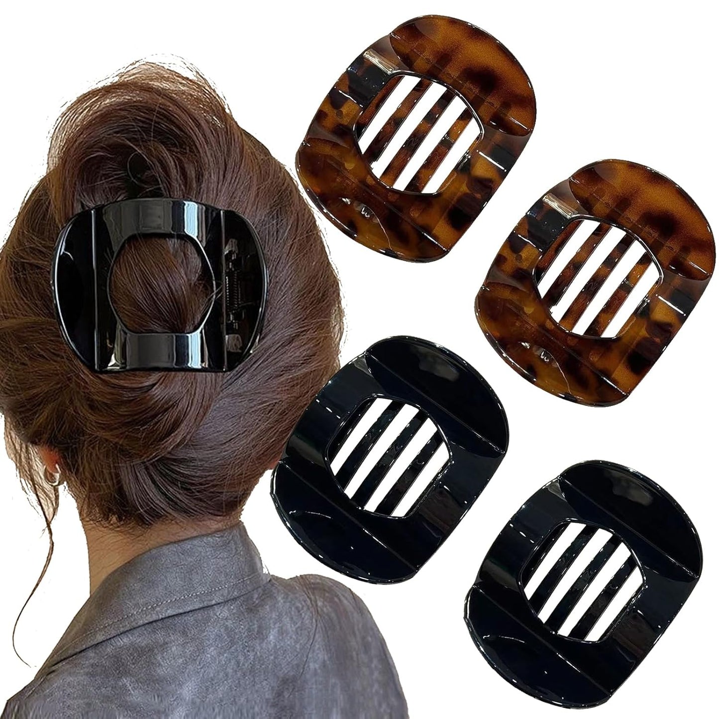 Large Flat Hair Clips - 4 Pcs Black Leopard Claw Clips for Strong Hold | Comfortable for Thick & Thin Hair