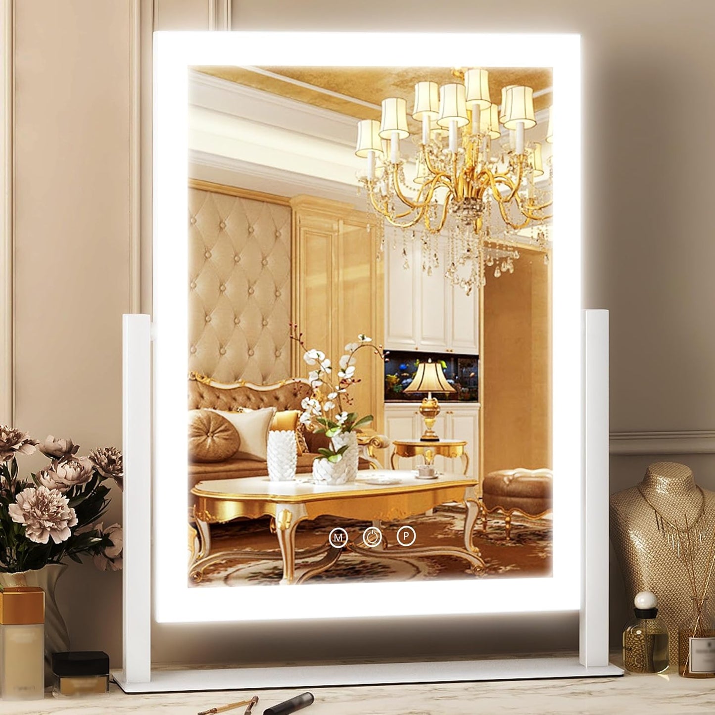 Lighted Makeup Mirror with Smart Touch Control - 12" x 16" LED Vanity Mirror, 3 Color Modes, 10X Magnification, 360° Rotation