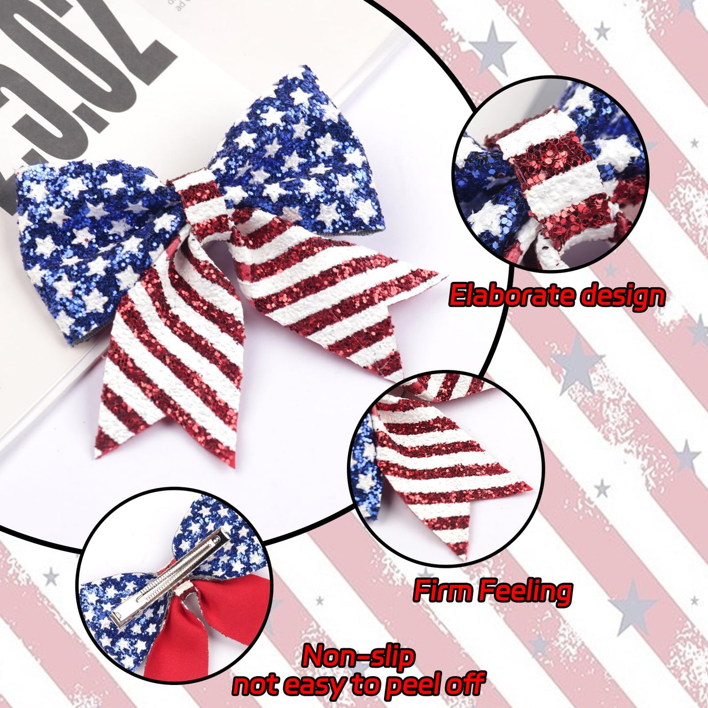 Totelux 4th of July Bows Hair Clips Glitter Cheer Bow Hairpin Ponytail Holder American Flag Star Hair Barrettes for Women Girls Independence Day Patriotic Hair Accessories