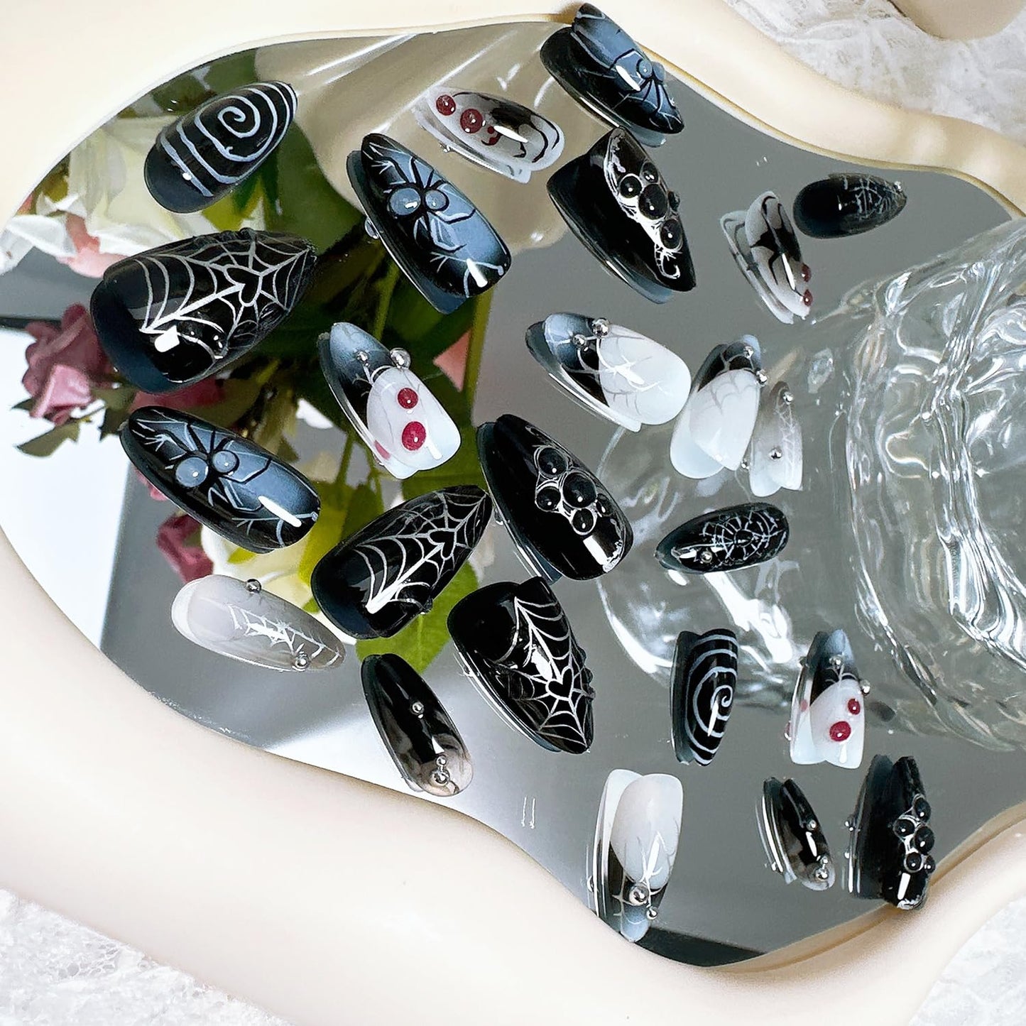 24Pcs Halloween Press on Nails Medium Almond Fake Nails with Steel Balls Design Horror Blood Drip Spider Acrylic Nails Spider Web False Nail Tips 3D Halloween Spider Stick on Nails for Women Nail Art