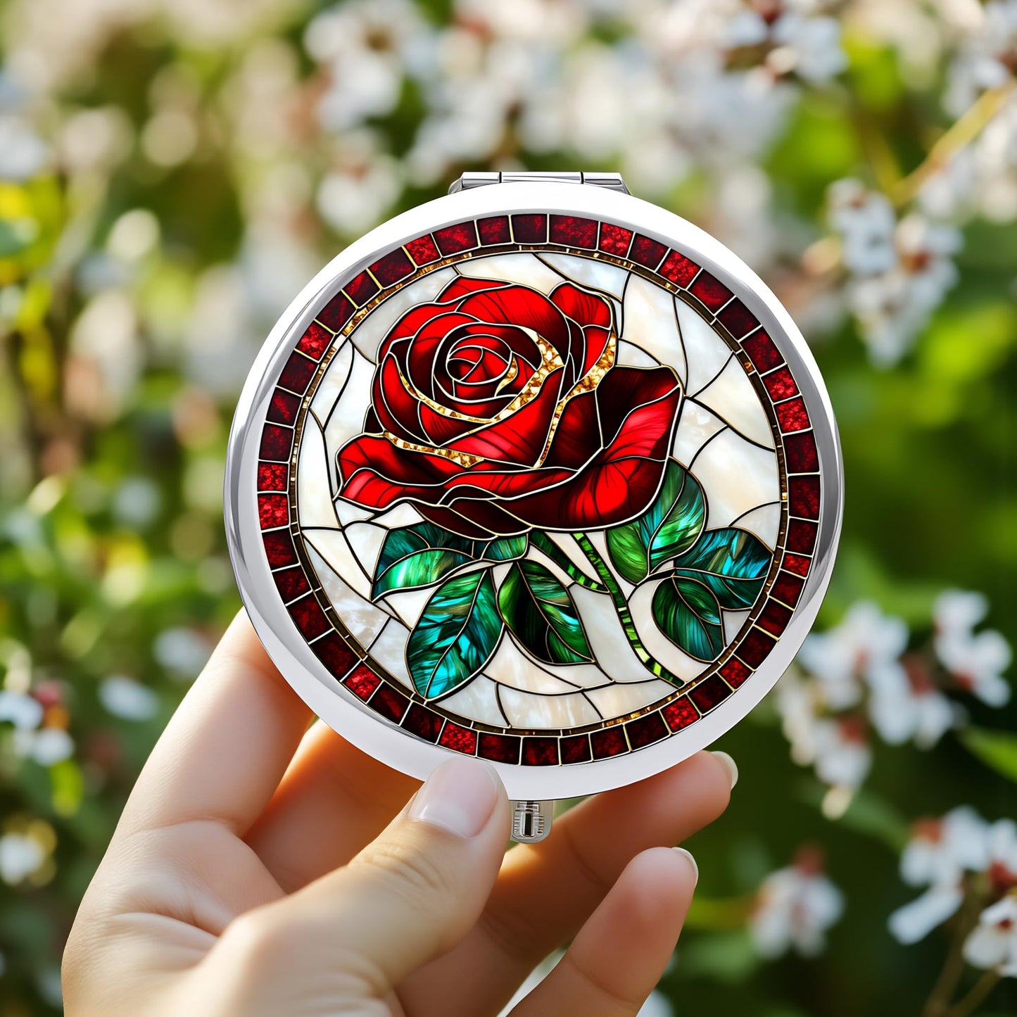 Silver Compact Mirror, 2.8x2.8inch Double-Sided Folding Makeup Mirror with Red Rose Stained Design, Ideal Gift for Women